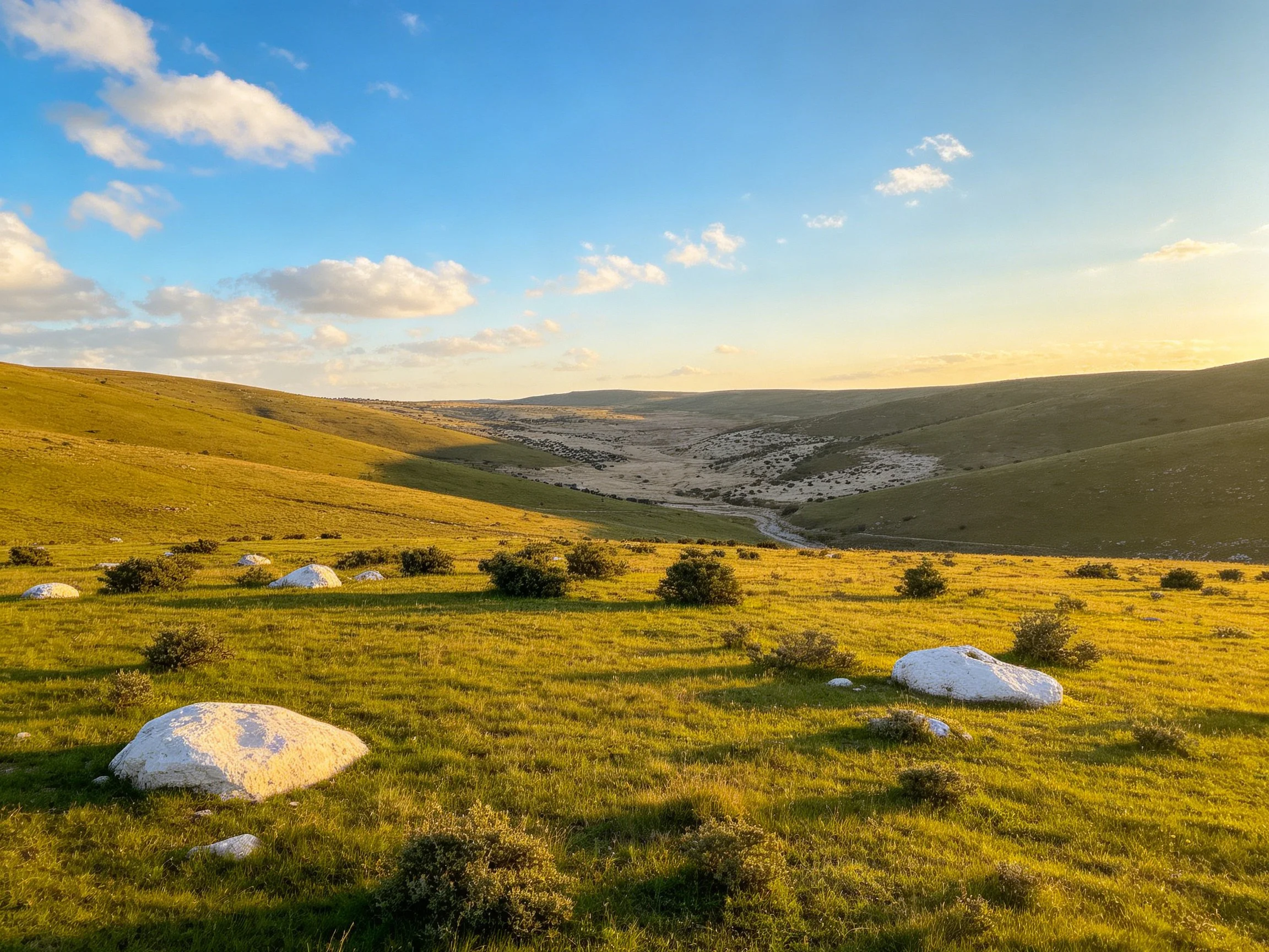 Scattered white rocks dot lush green hills under bright blue sky