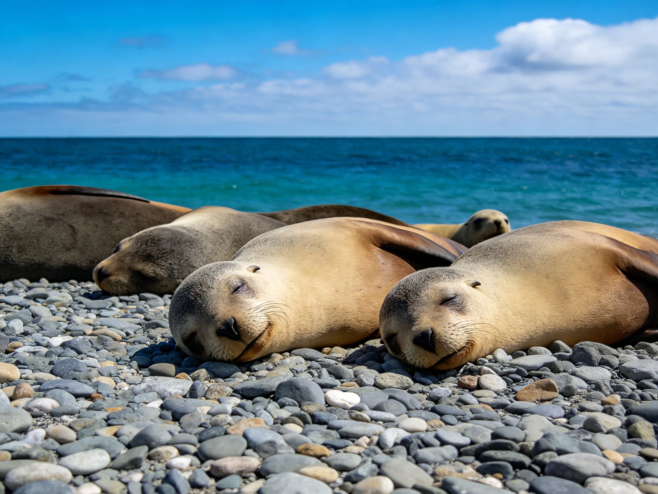 Sea lions rest on a pebbly shore near turquoise waters