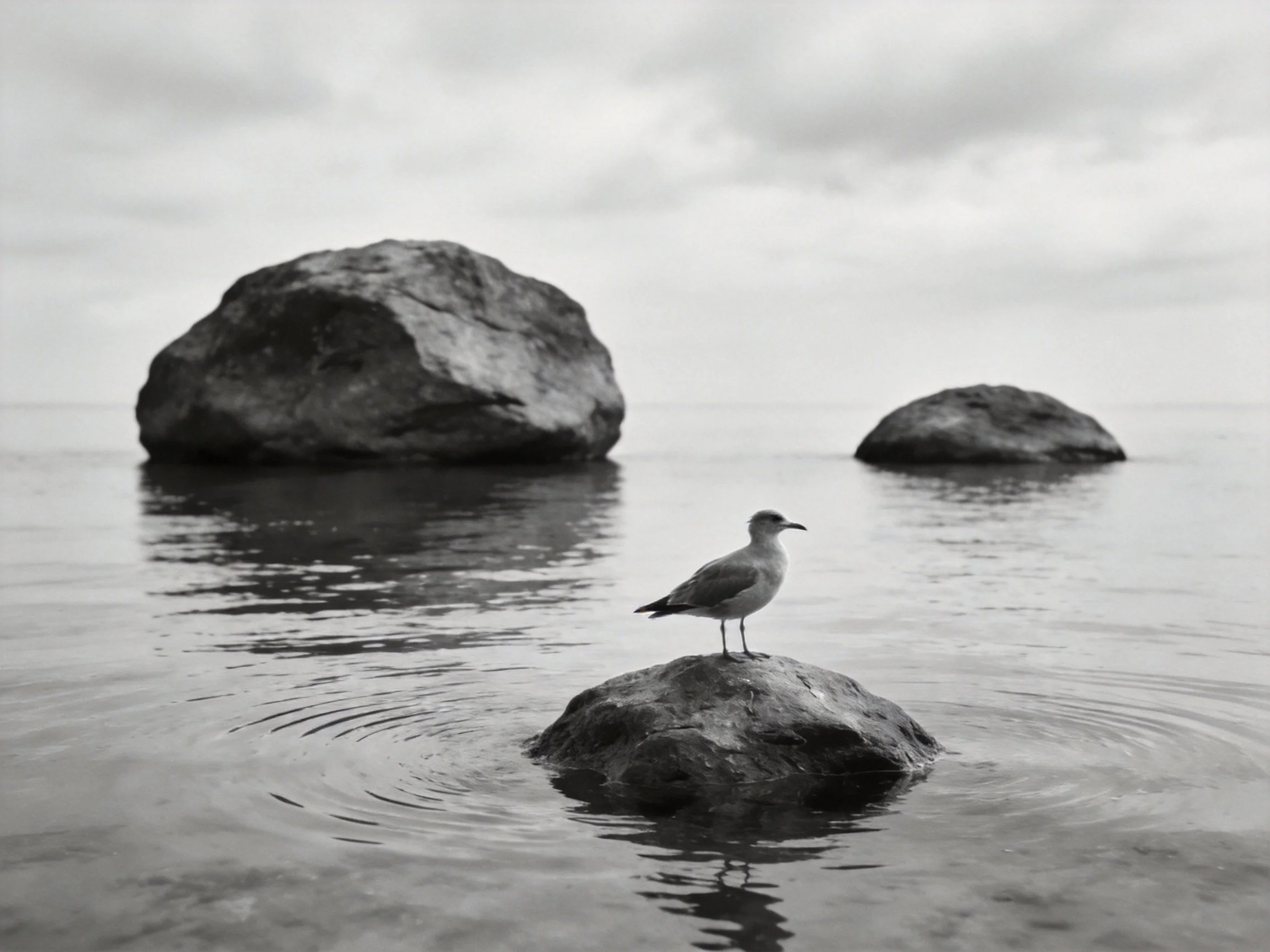 Seagull on Small Rock Amid Calm Waters With Two Large Rocks