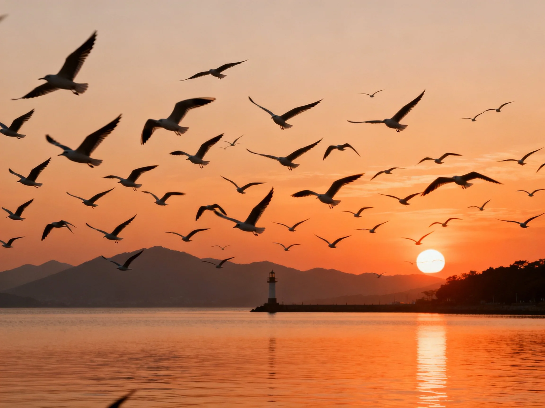 Seagulls Soaring Over Tranquil Waters at Sunset
