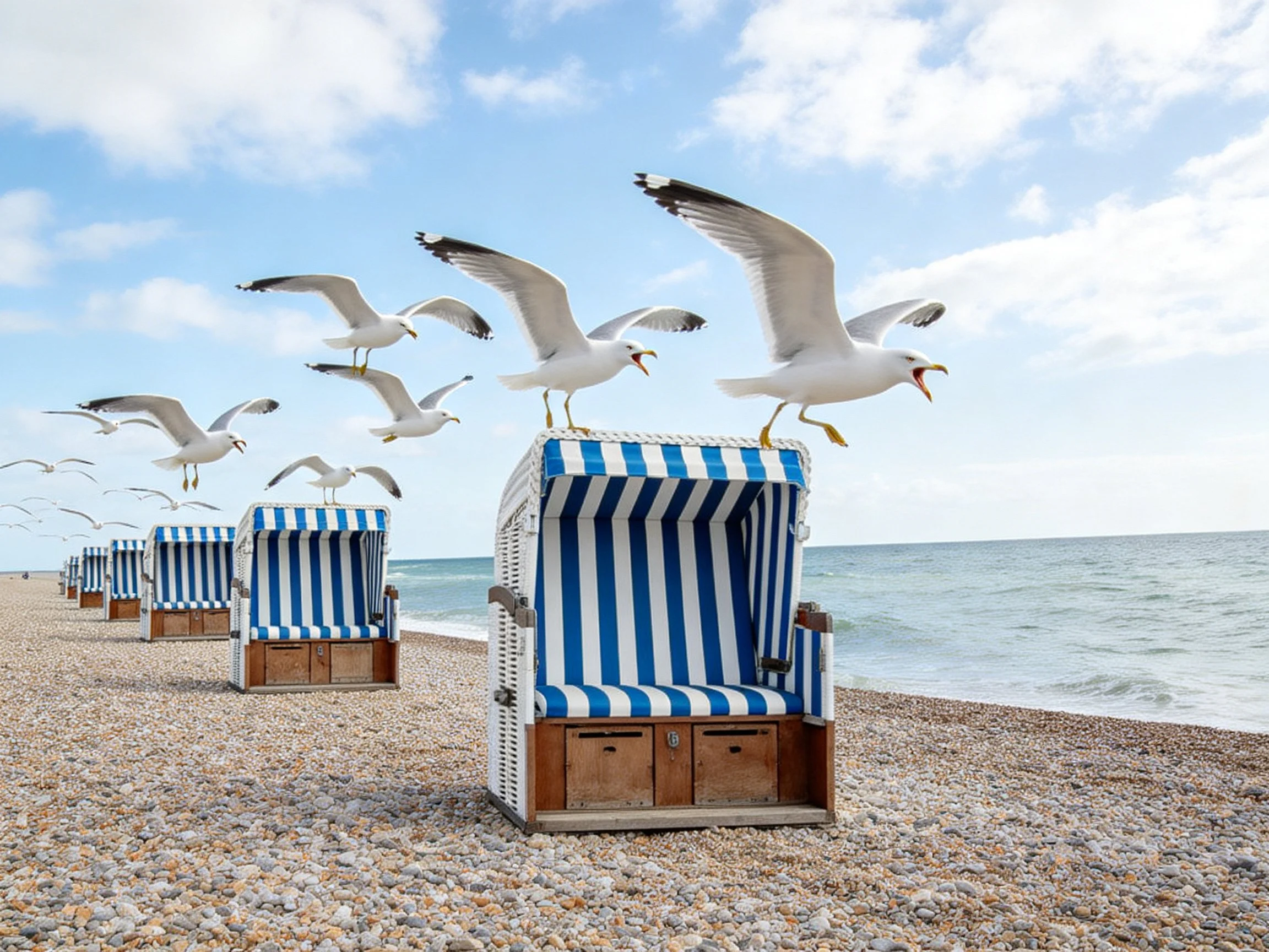 Seagulls interact with blue-and-white striped beach chairs on a pebbly beach