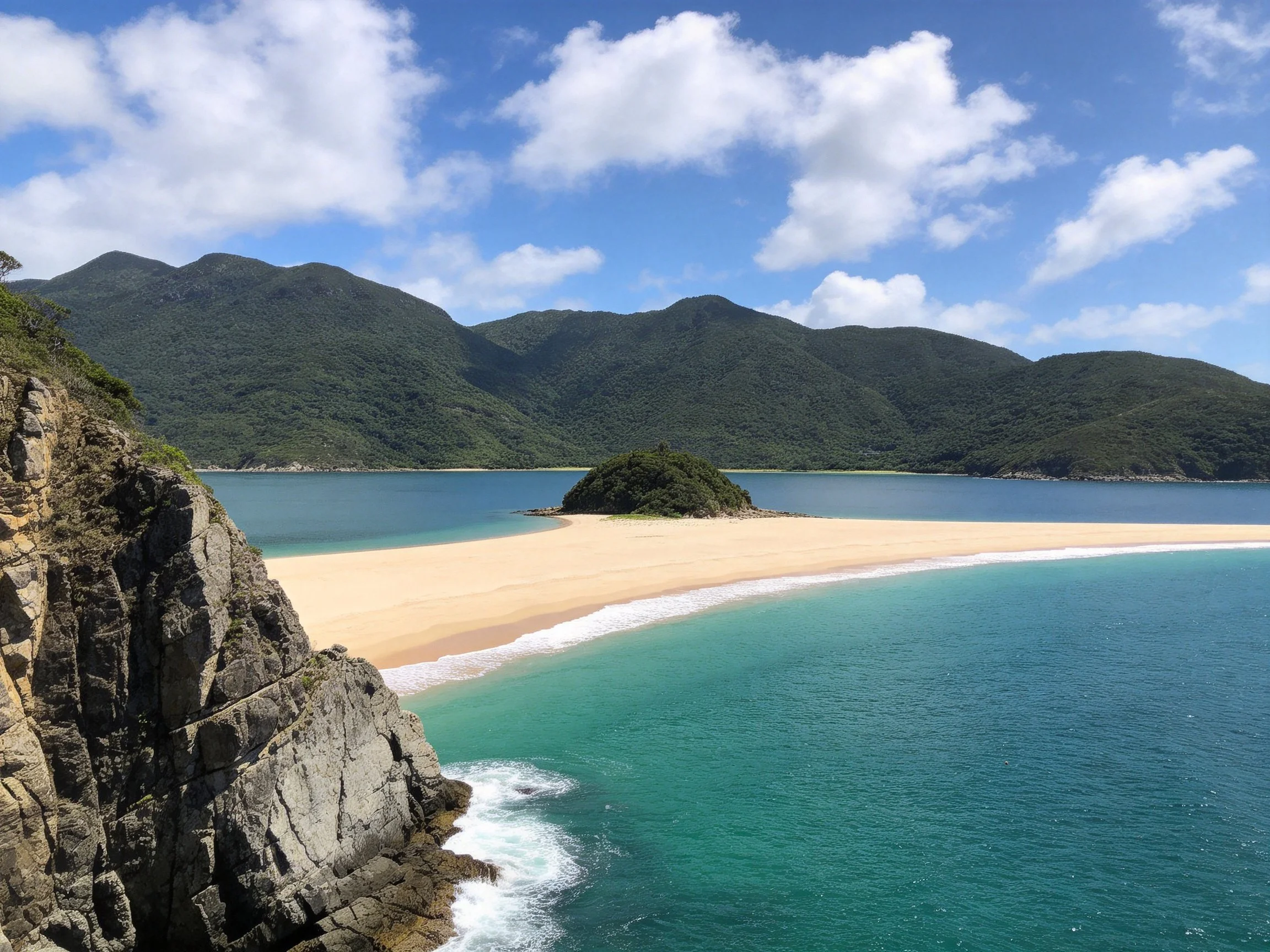 Secluded sandy cove with turquoise waters, central island, and forested mountains