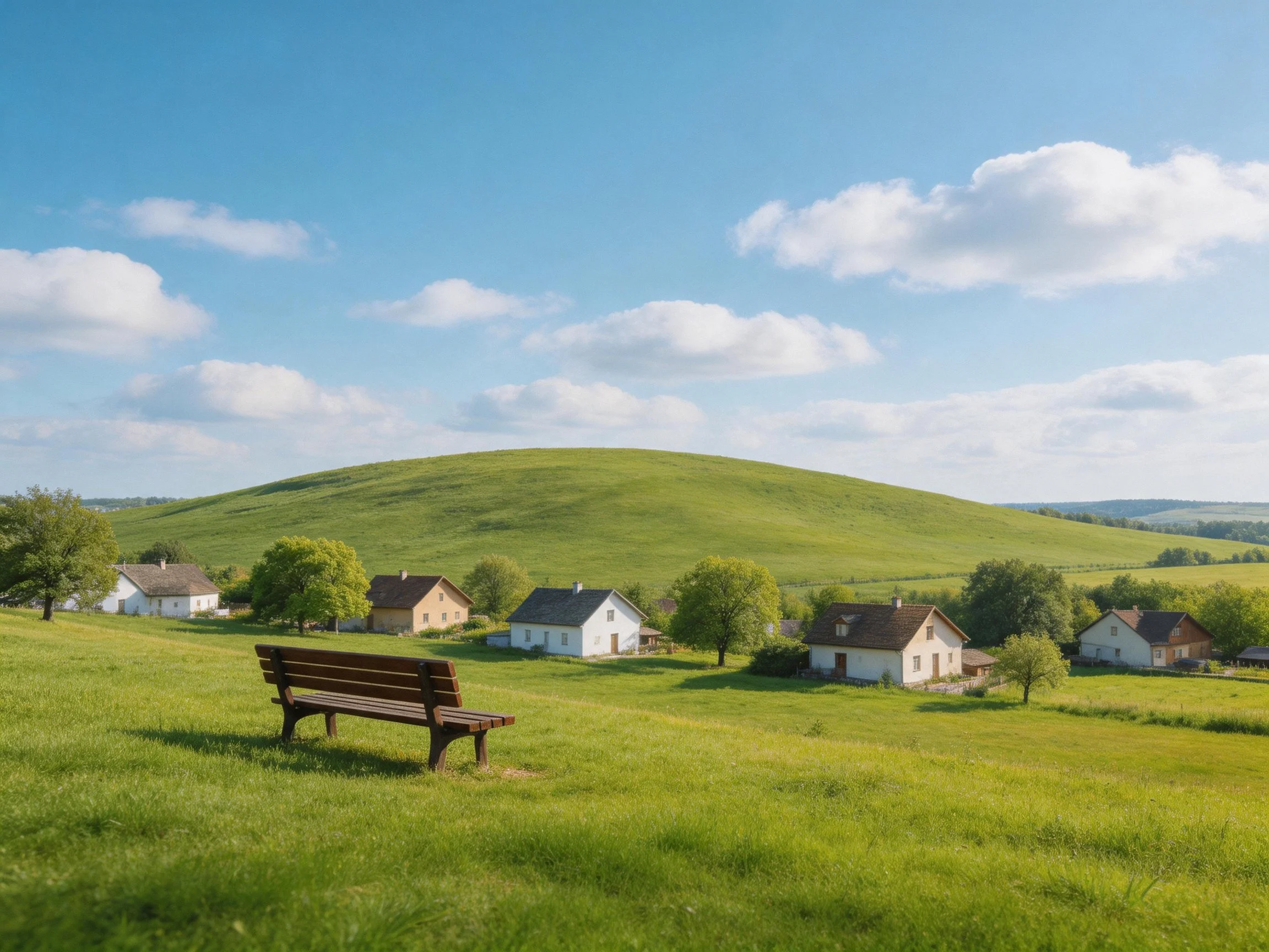 Serene Countryside Scene with White Homes and Green Hill