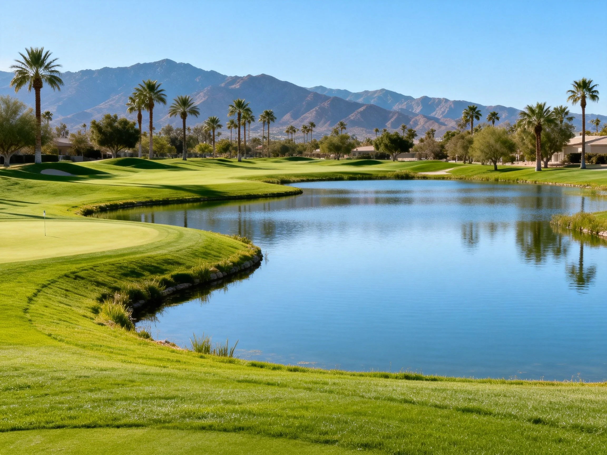 Serene Golf Course with Reflective Pond and Mountain View