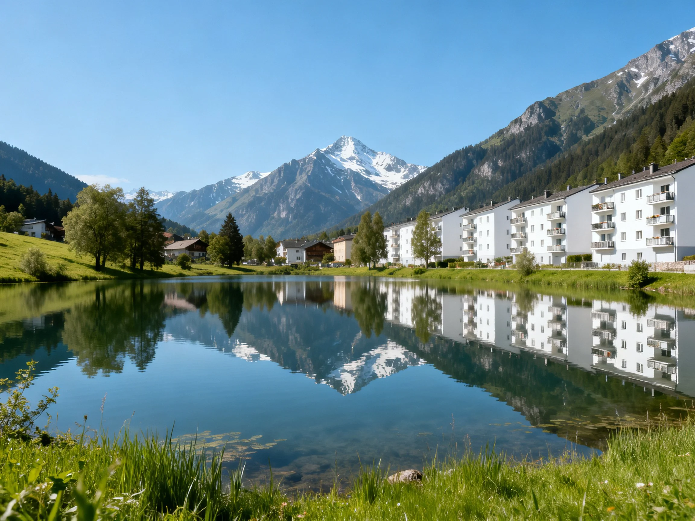 Serene Lake Reflecting Snowy Mountains Near White Residences