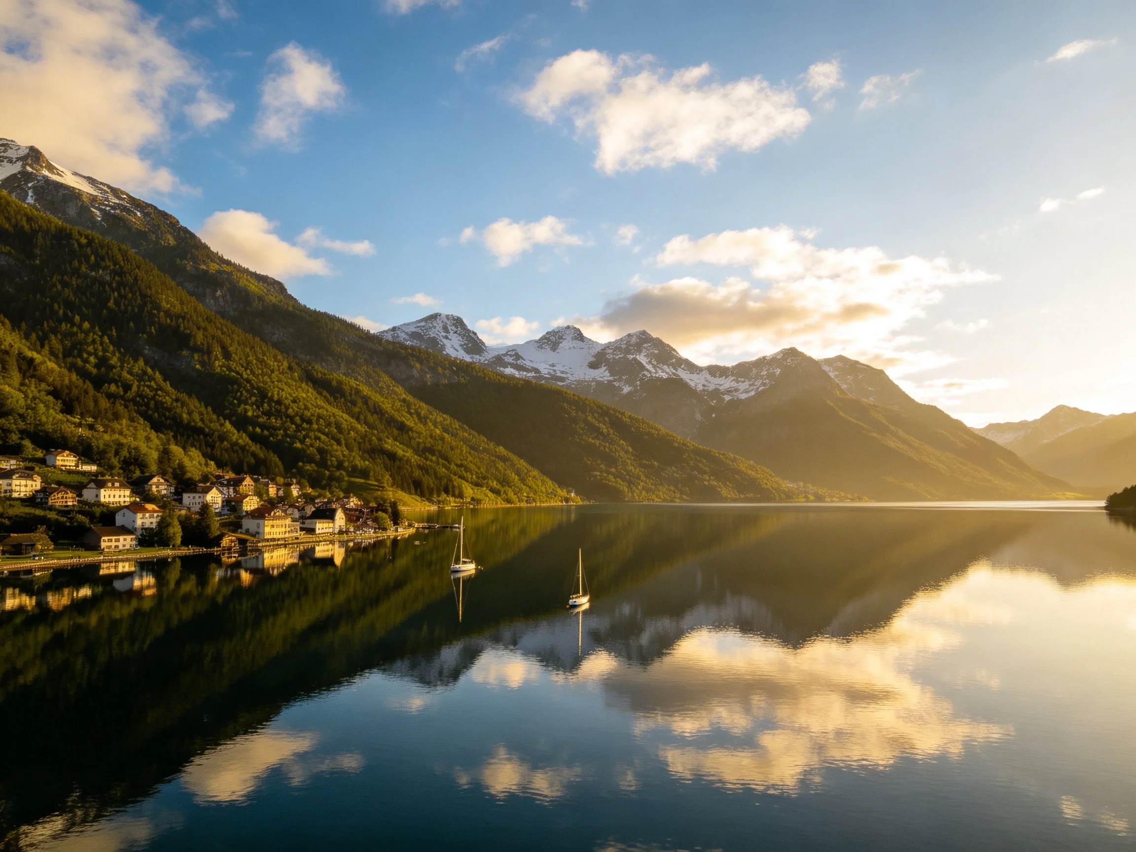 Serene Lake Reflections with Mountain Village and Sailboats