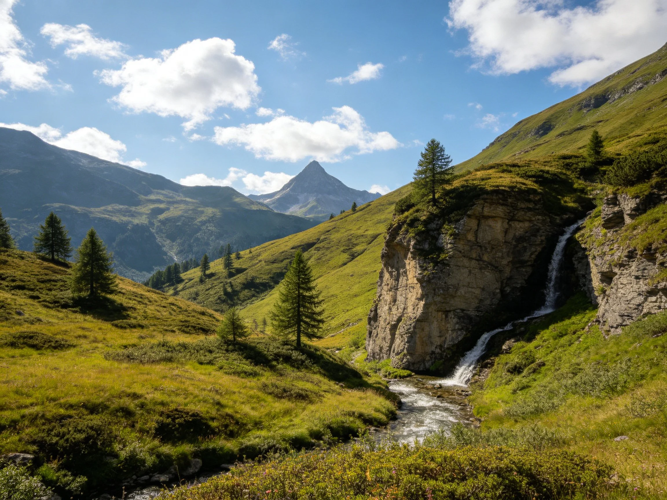 Serene Mountain Valley With Waterfall and Lush Green Hills