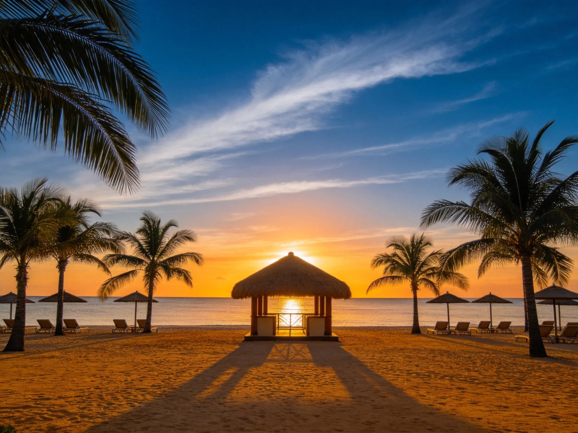 Serene Tropical Beach Sunset with Palm Trees and Thatched Gazebo