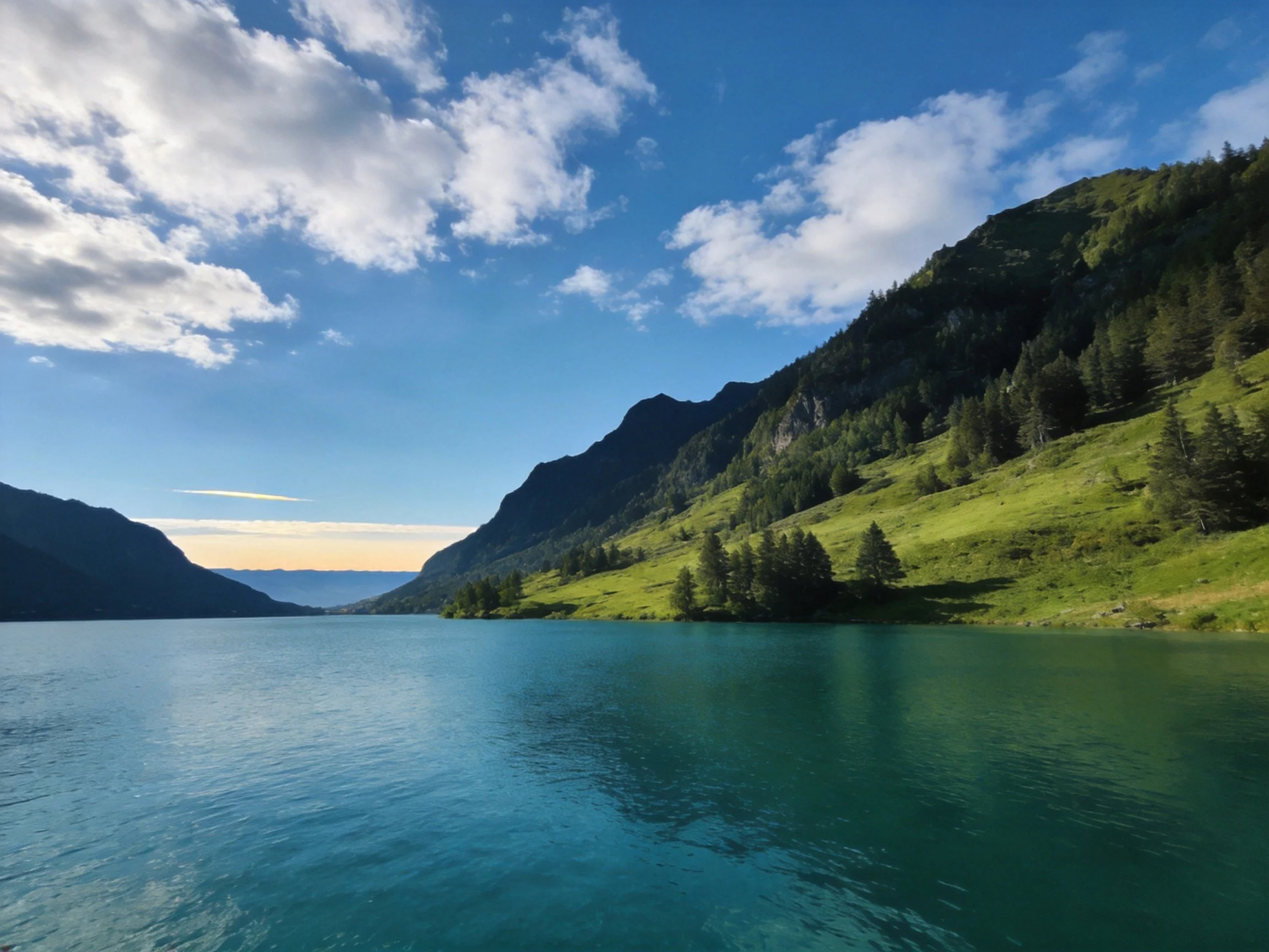 Serene Turquoise Lake Encompassed by Verdant Hills and Forested Mountain Peaks
