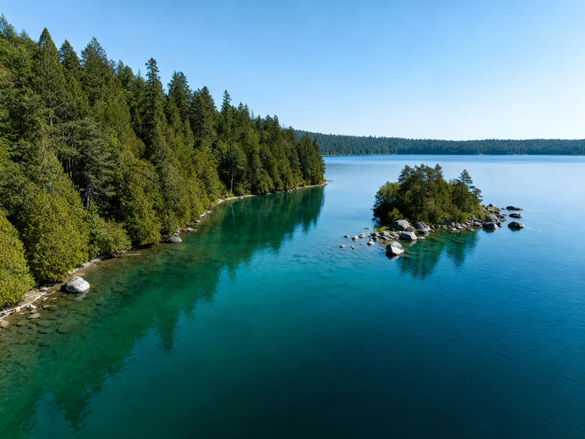Serene Turquoise Lake with Dense Forests and Rocky Island