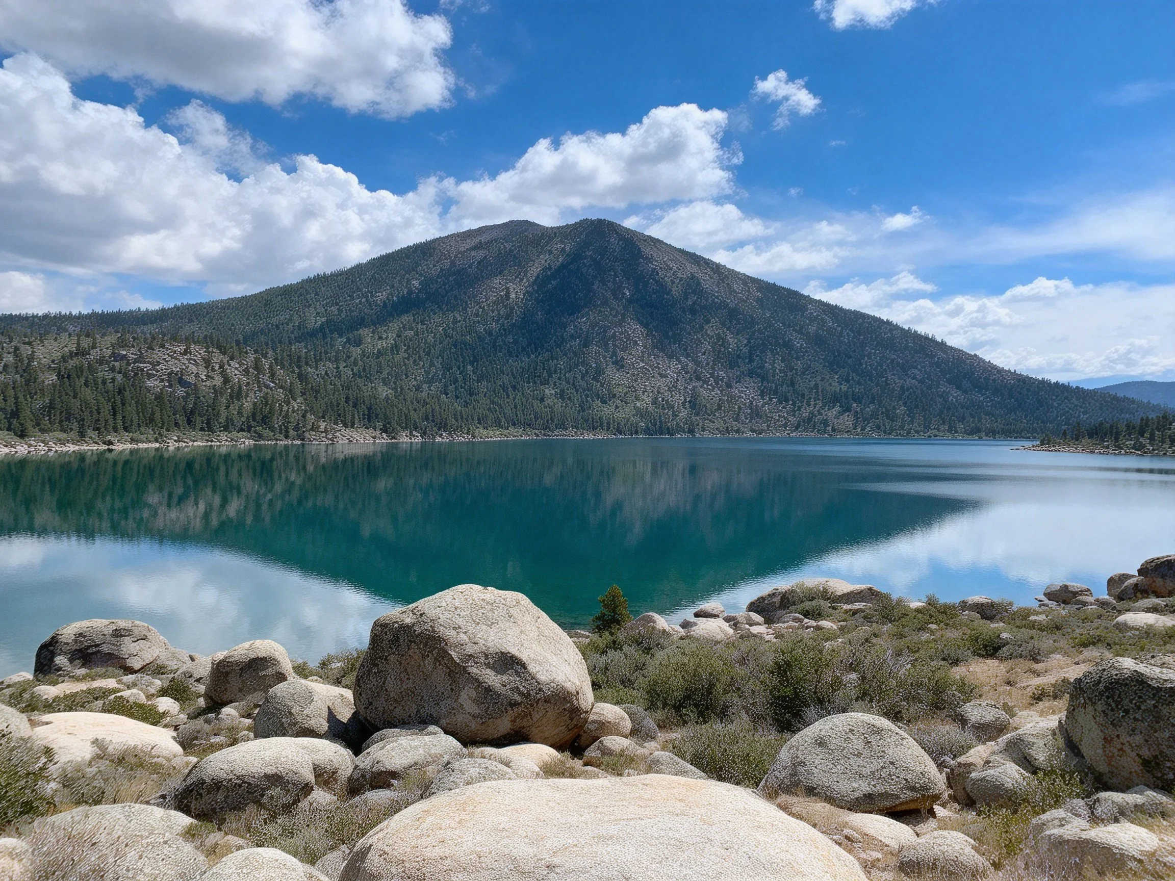 Serene Turquoise Lake with Forested Mountain and Rocky Shoreline