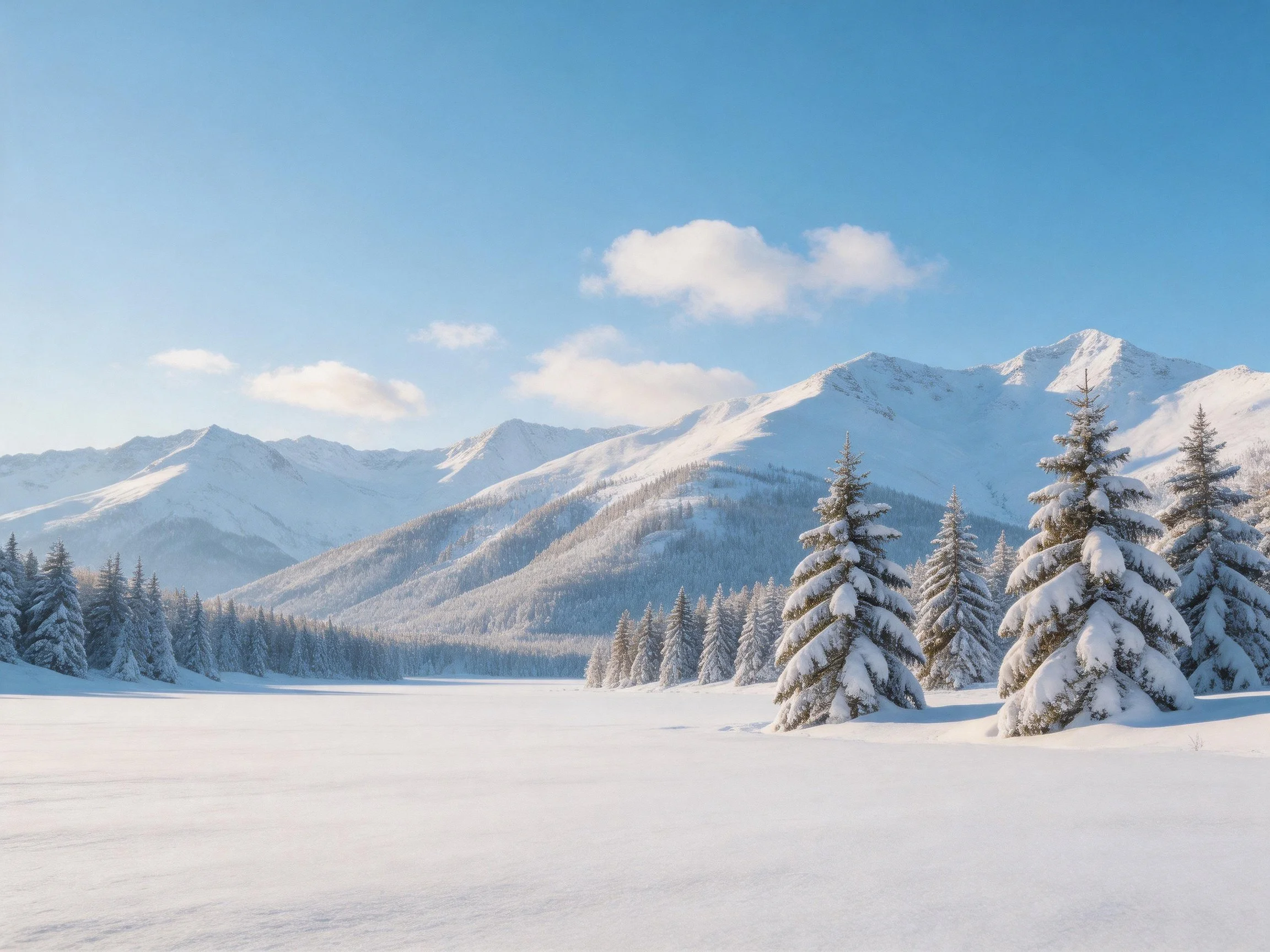 Serene Winter Landscape with Snow-Capped Mountains and Snow-Laden Evergreens
