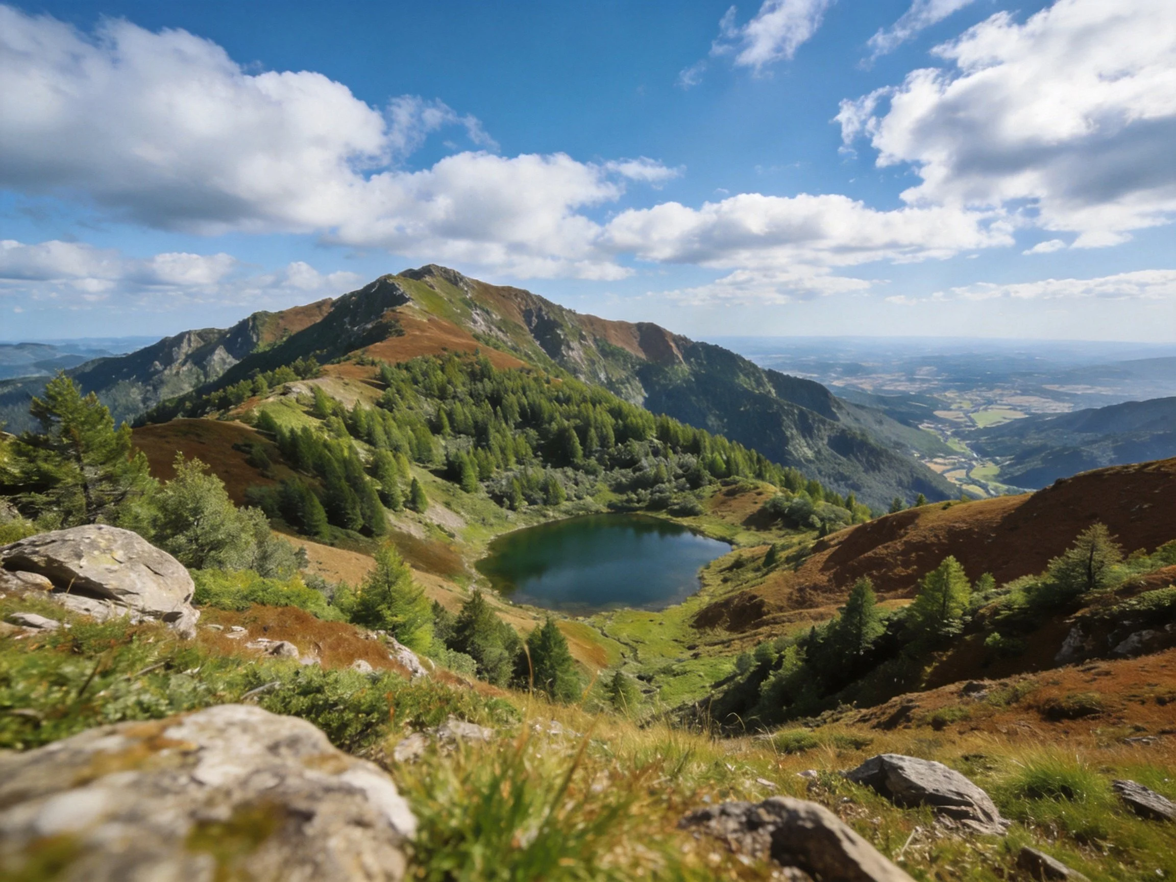 Serene alpine lake amidst forested mountains and rocky terrain