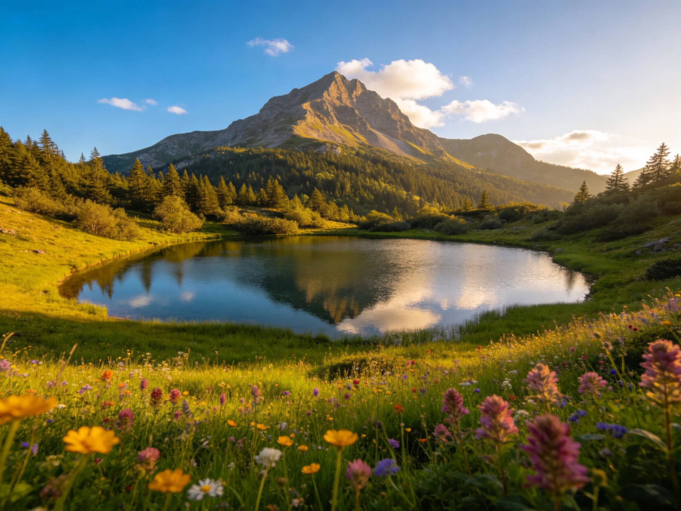 Serene alpine lake with wildflowers, forest, and towering mountain