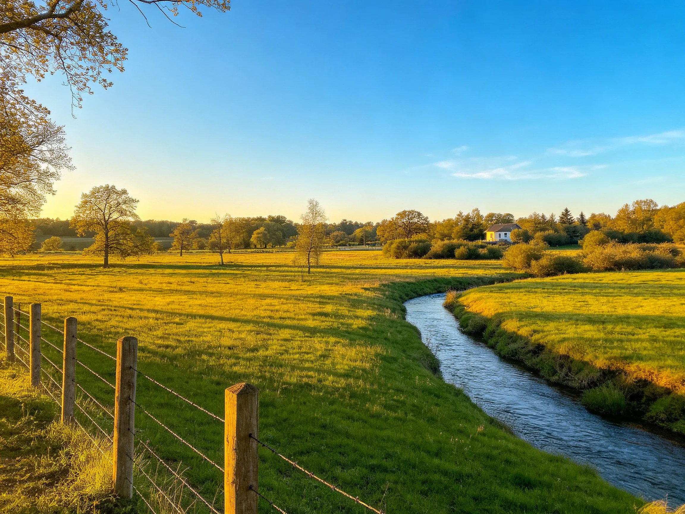 Serene countryside with golden fields, winding stream