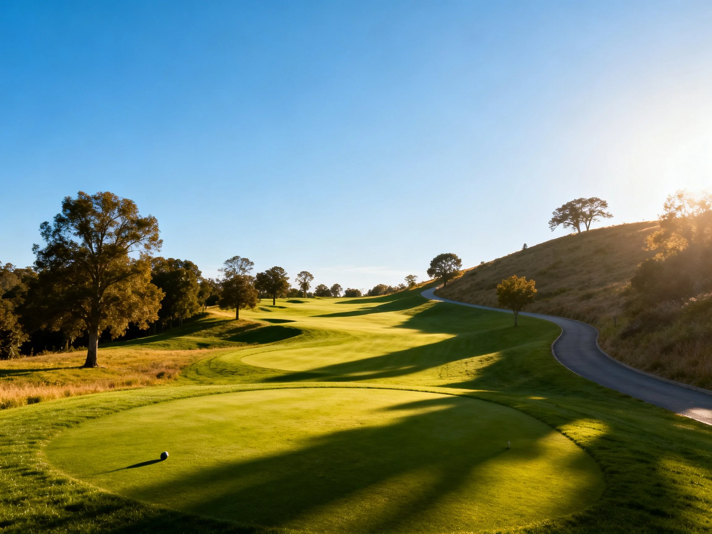 Serene golf course with rolling green fairways and scattered trees