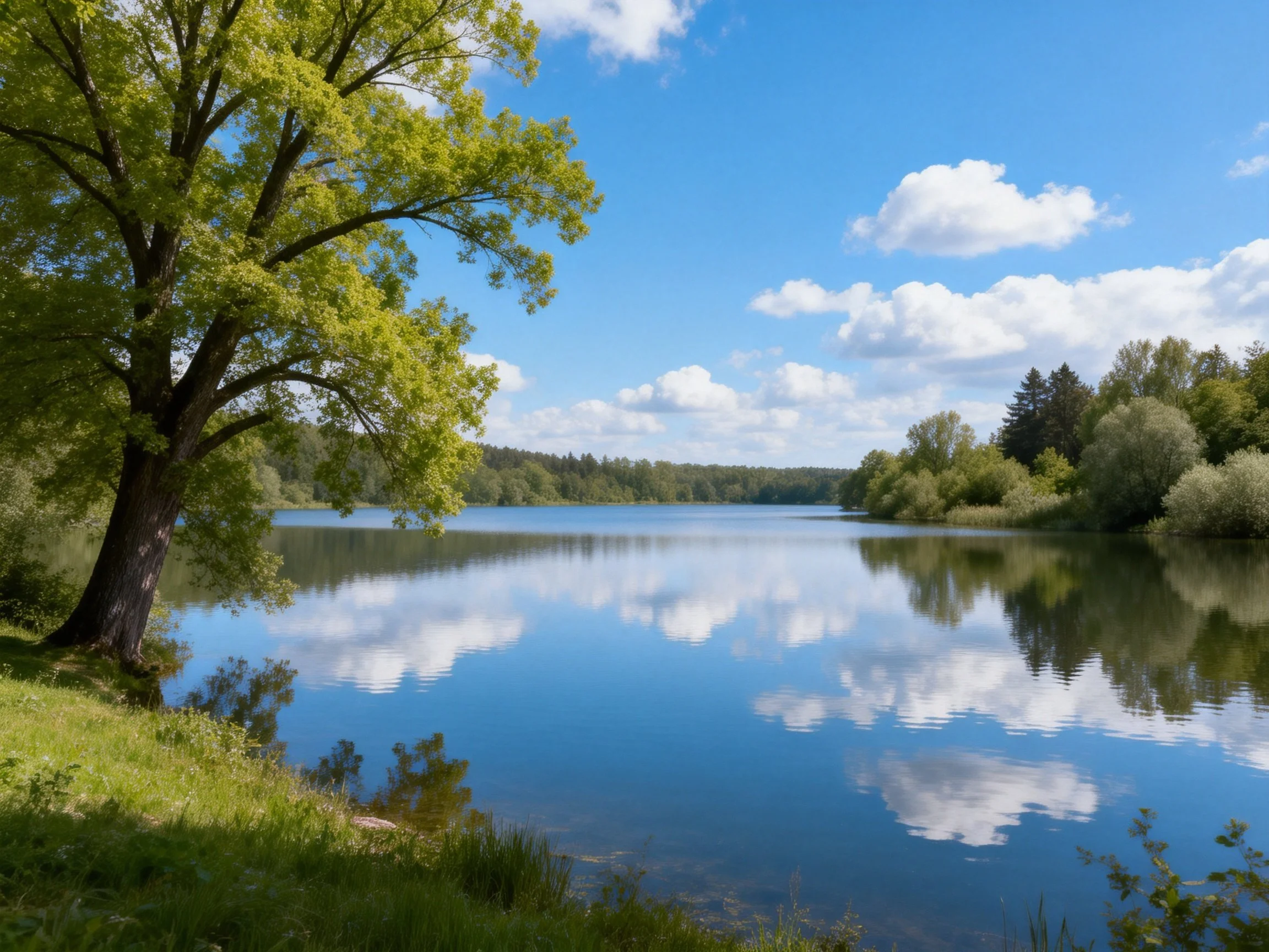 Serene lake reflecting blue sky and green trees