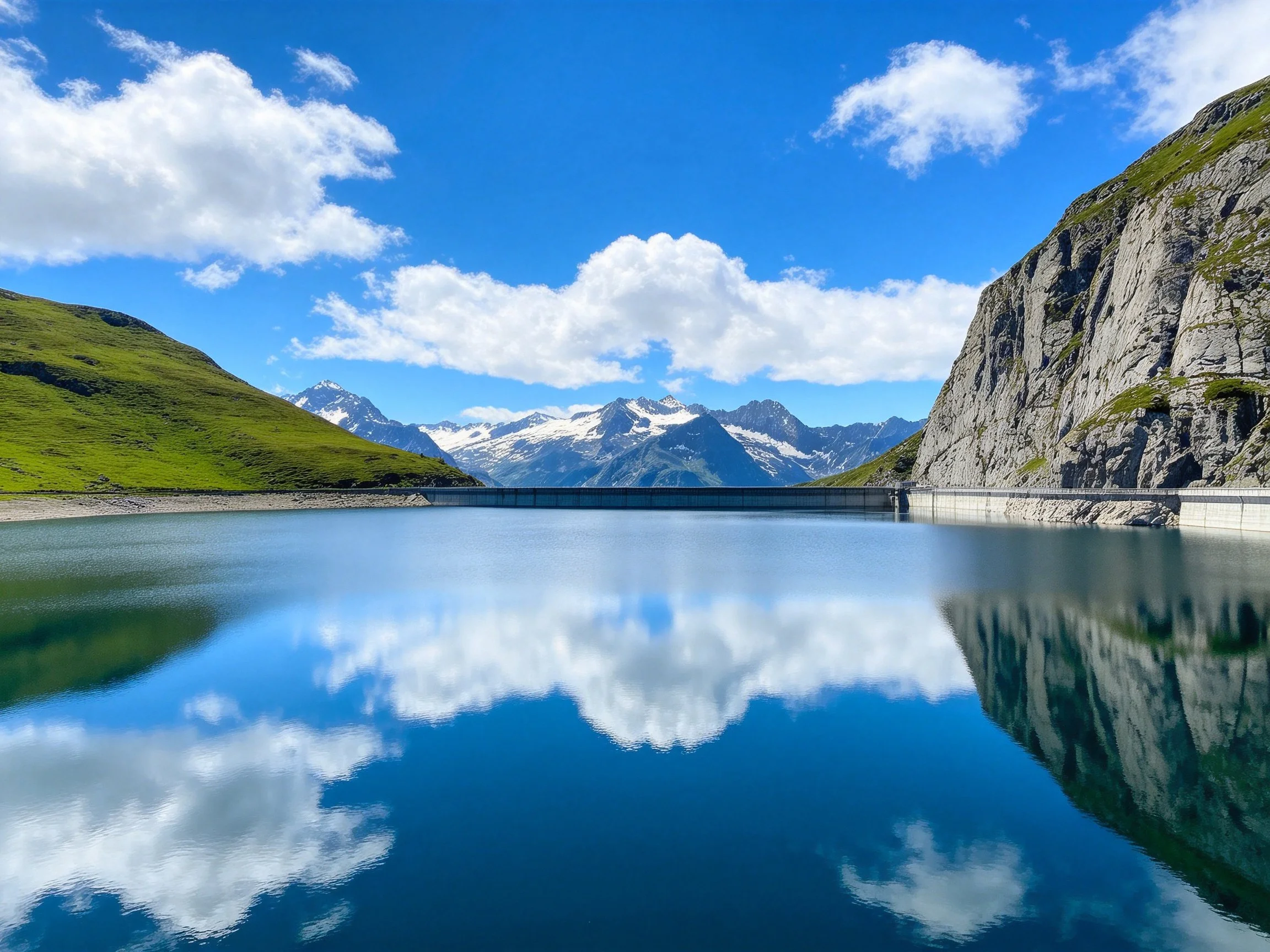 Serene lake reflects blue sky, green hills, and rocky cliffs