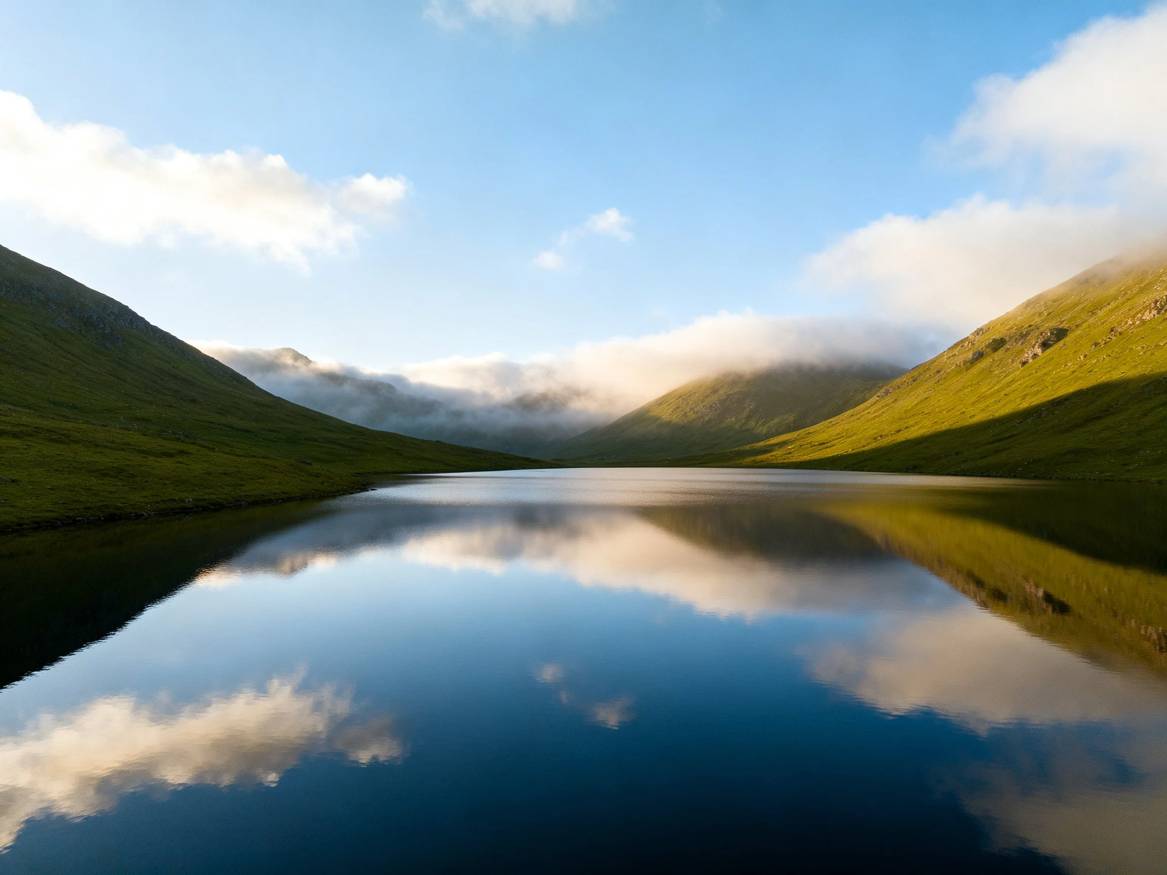 Serene lake reflects green mountains and blue sky with clouds