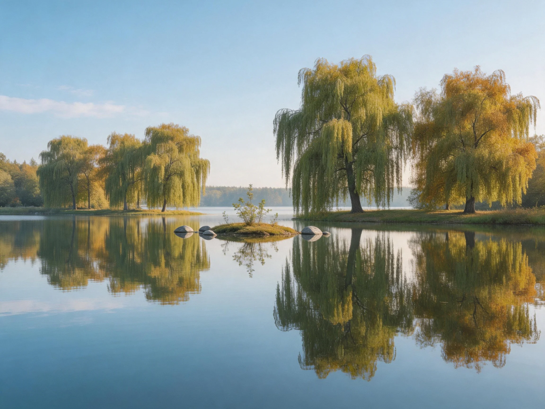 Serene lake with golden weeping willows reflecting in calm waters