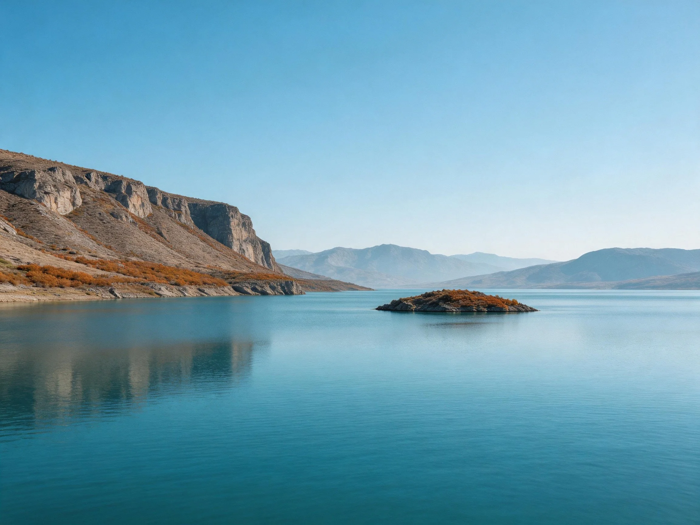 Serene lake with rocky cliffs, central island, distant mountains under clear sky