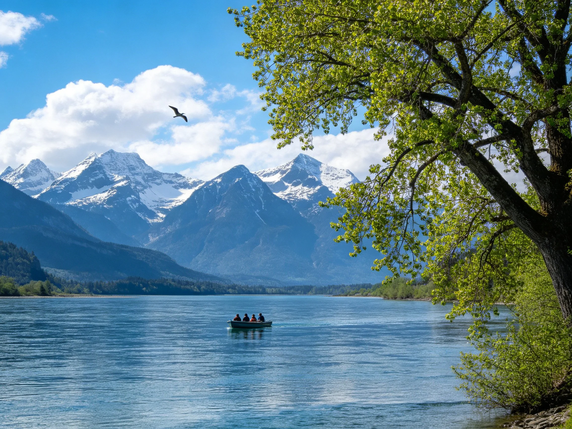 Serene lake with snow - capped mountains and small boat