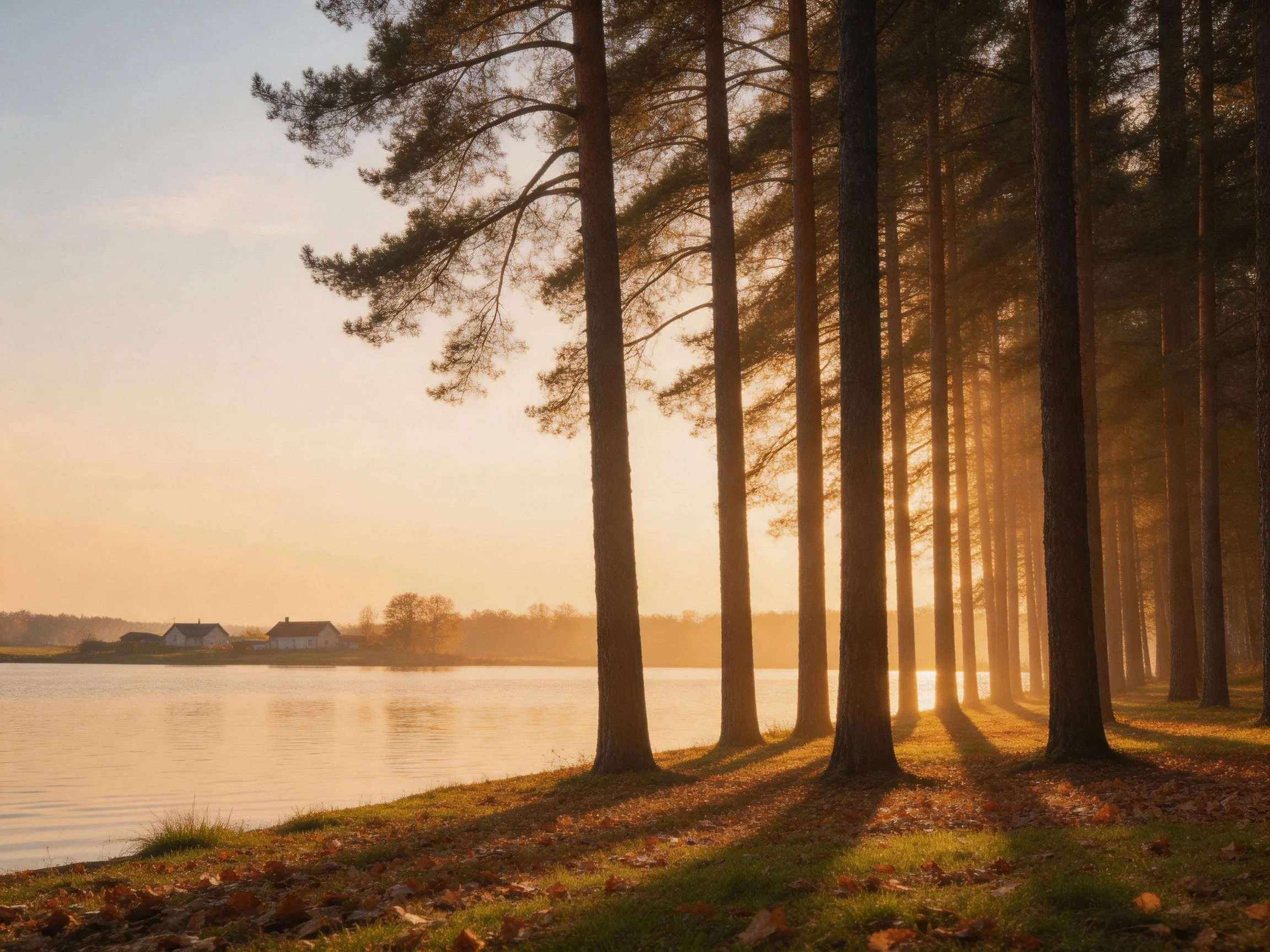Serene lakeside scene with tall pine trees and golden morning light near distant homes