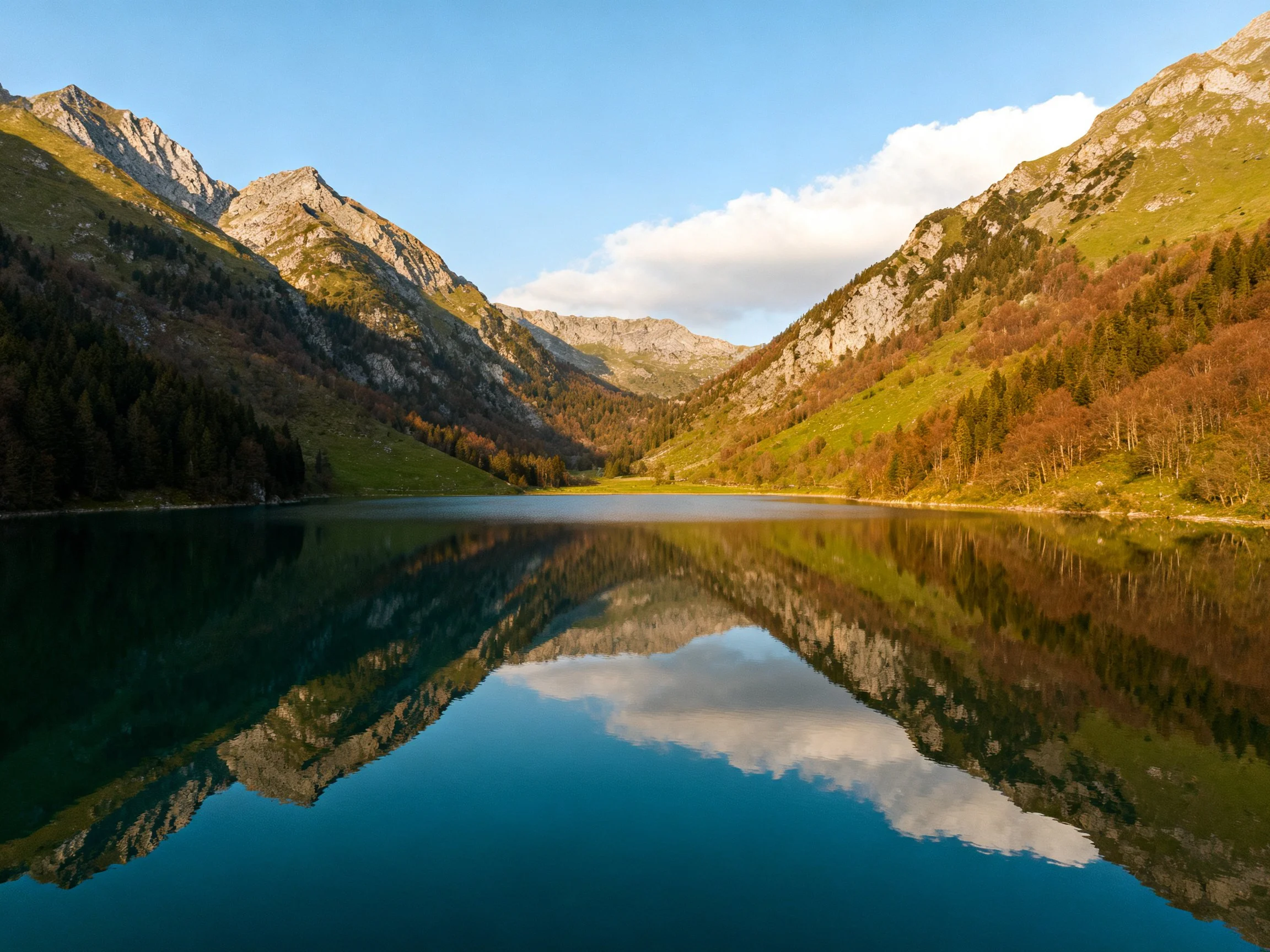 Serene mountain lake reflecting green hills and blue sky