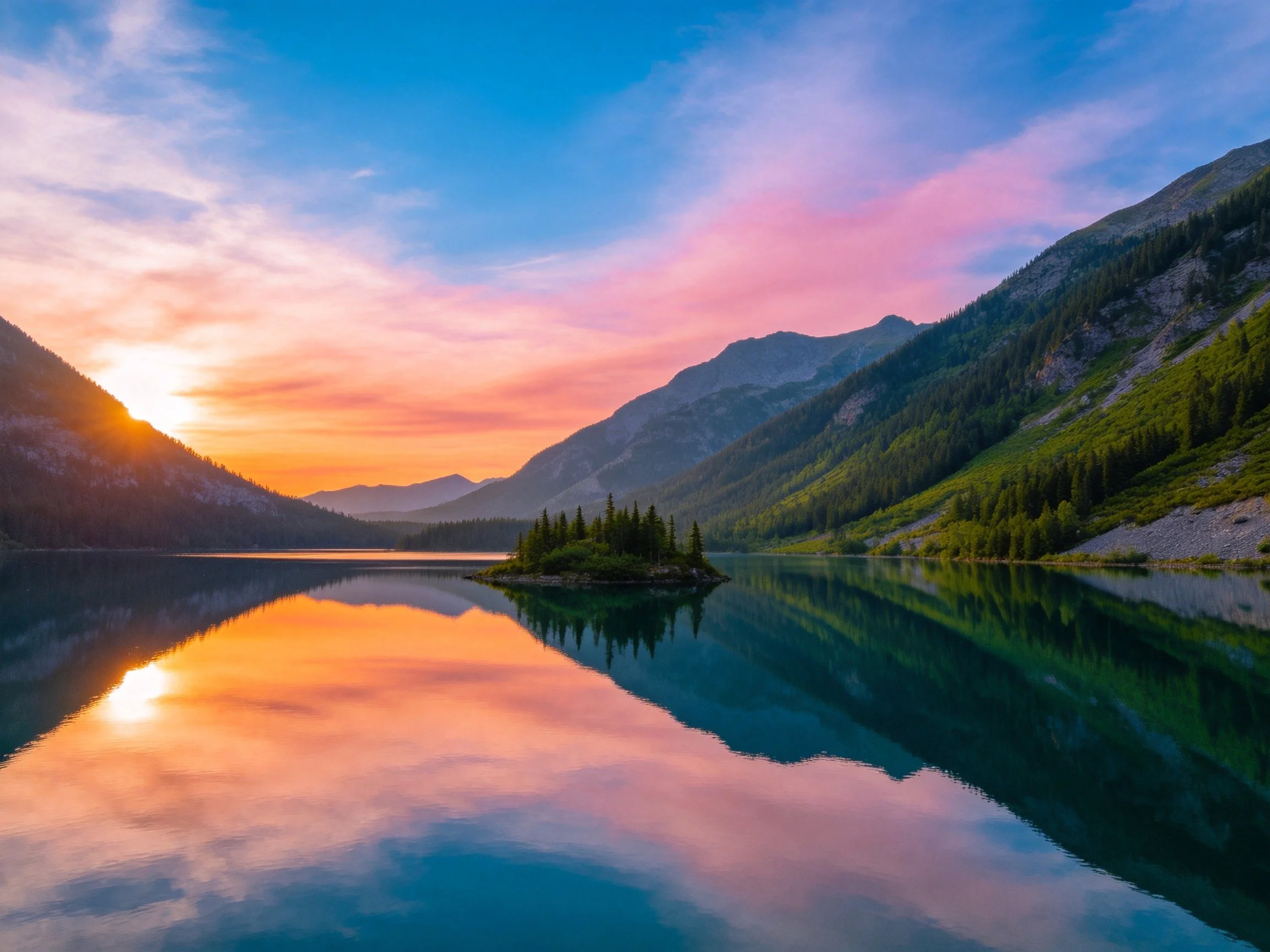 Serene mountain lake reflects vibrant sunset among forested slopes
