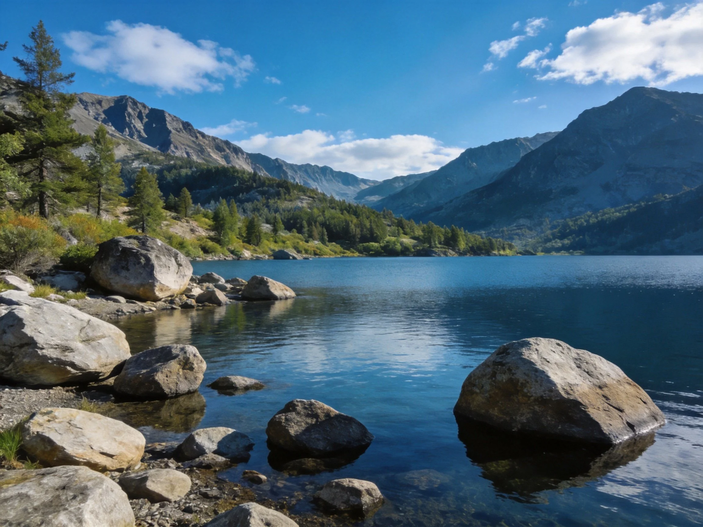 Serene mountain lake with large gray rocks and lush green forests