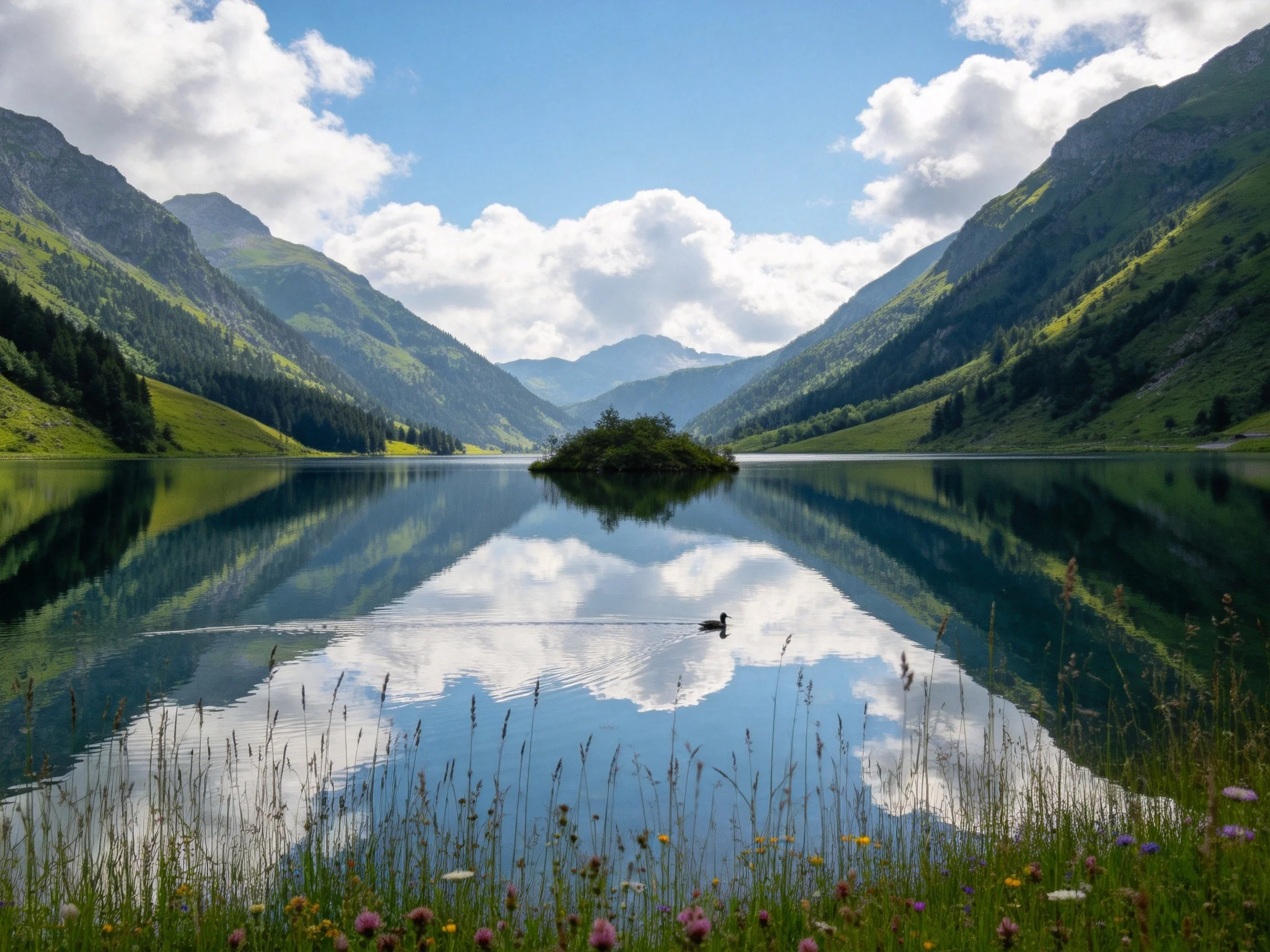 Serene mountain lake with reflective waters and lush green slopes