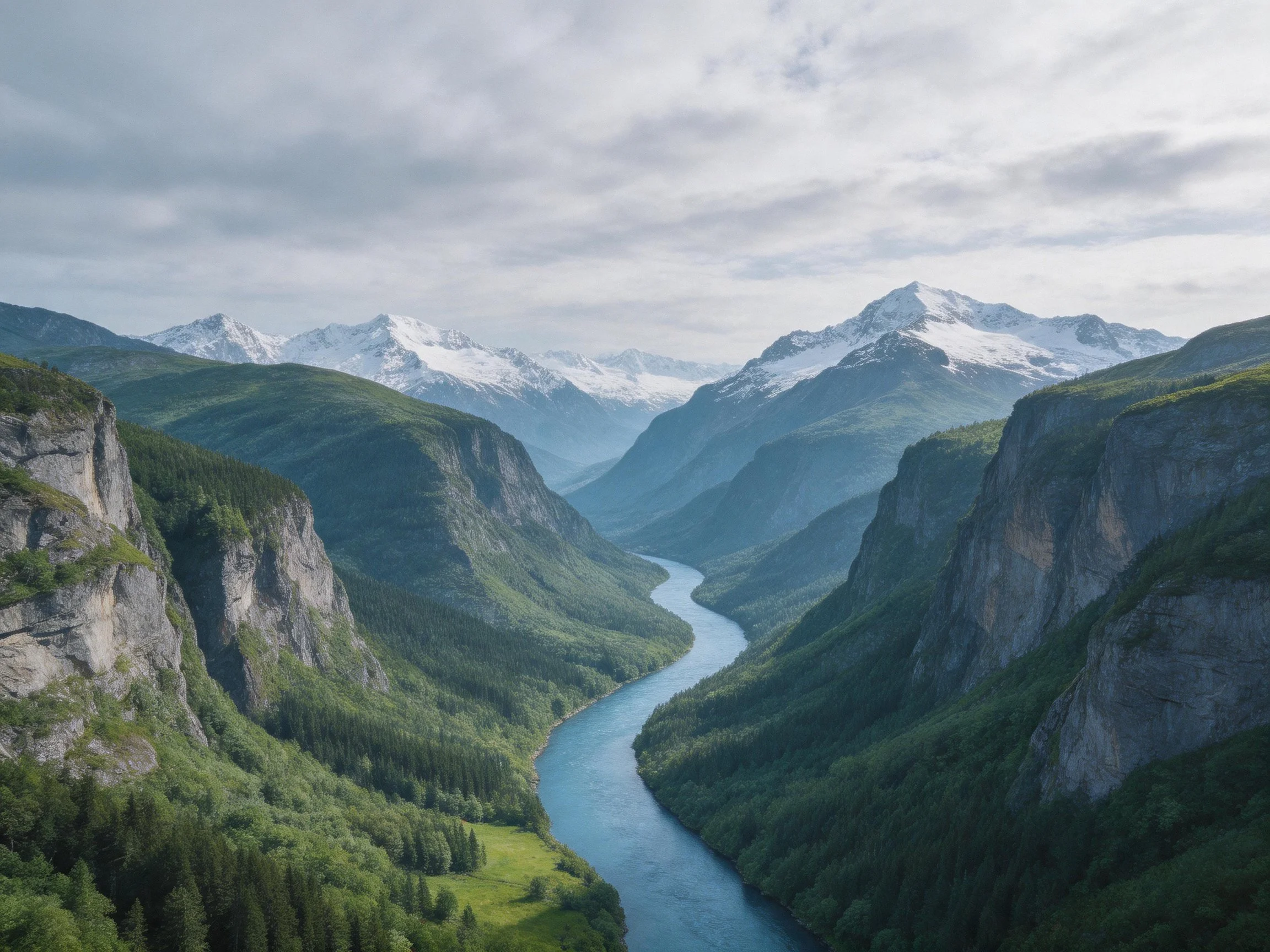 Serene mountain valley with winding blue river and snow-capped peaks