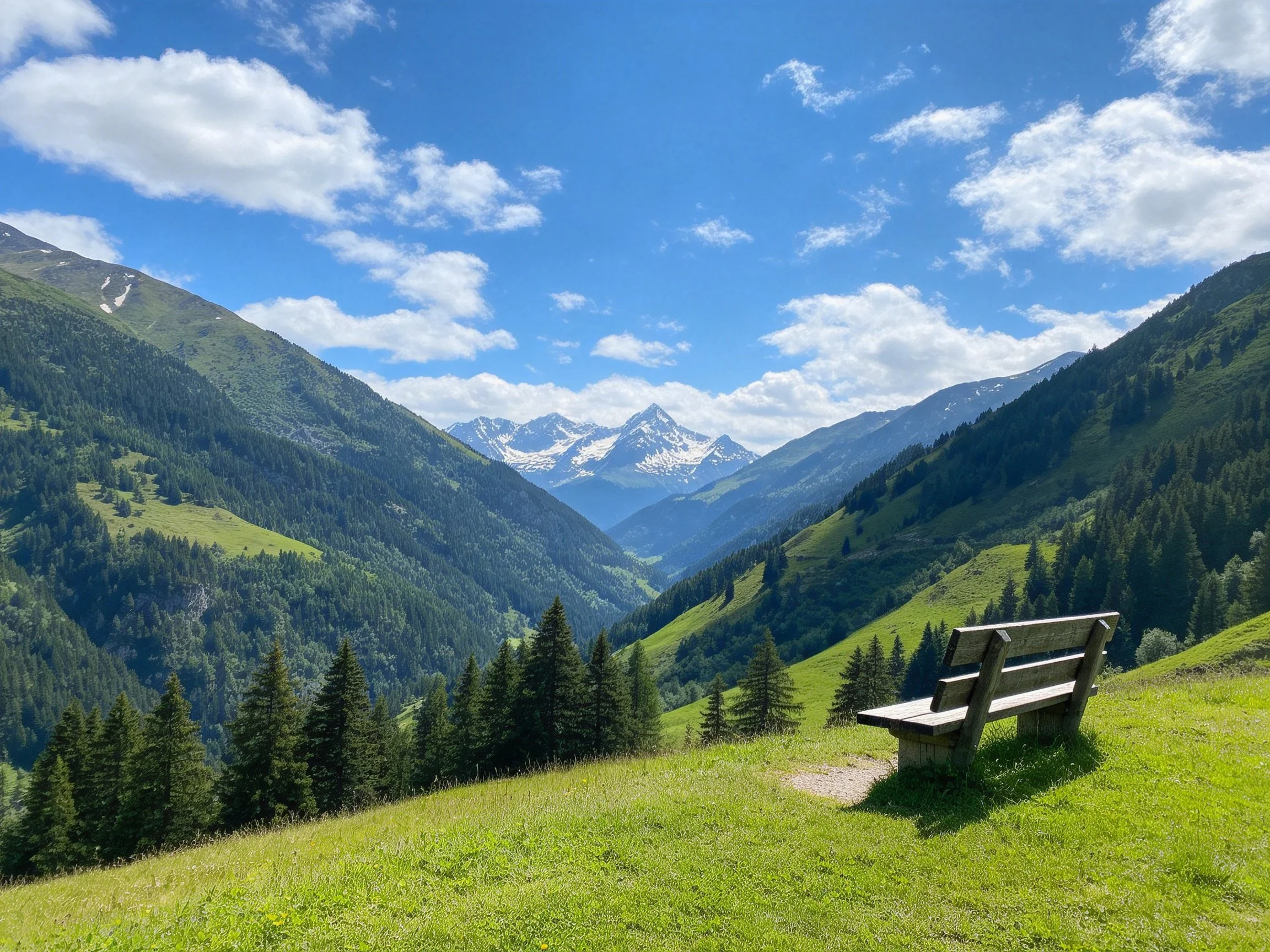 Serene mountain valley with wooden bench and lush green slopes