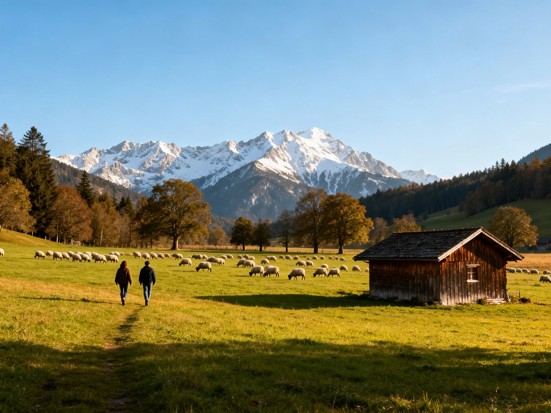 Serene pastoral meadow with sheep, hikers, wooden shed, and snow-capped mountains