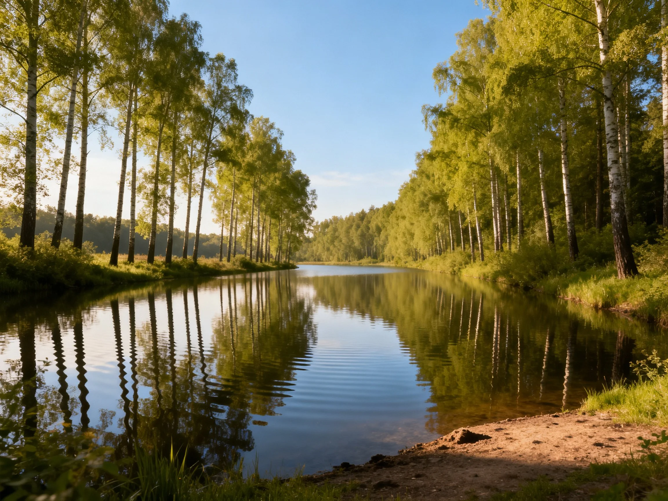 Serene river bordered by lush green trees under clear blue sky