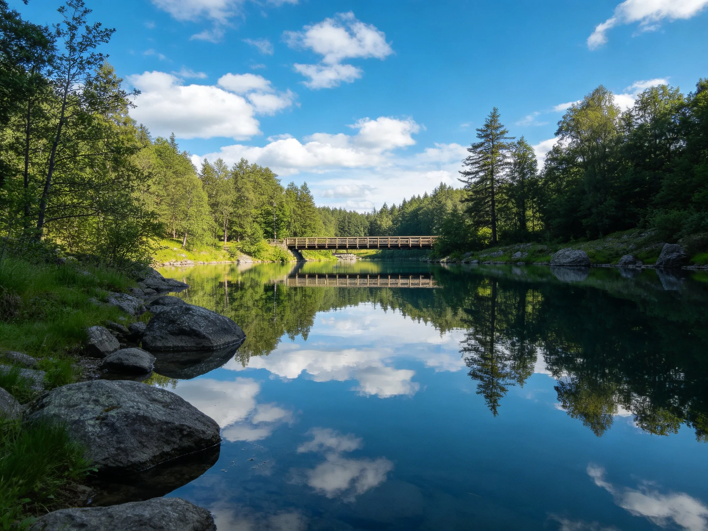 Serene river reflecting forest, bridge, and bright blue sky