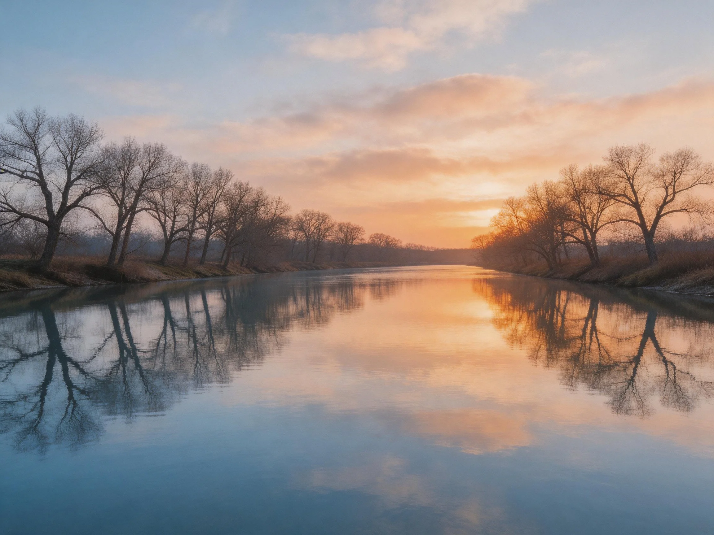 Serene river reflects warm sunset hues amid bare trees