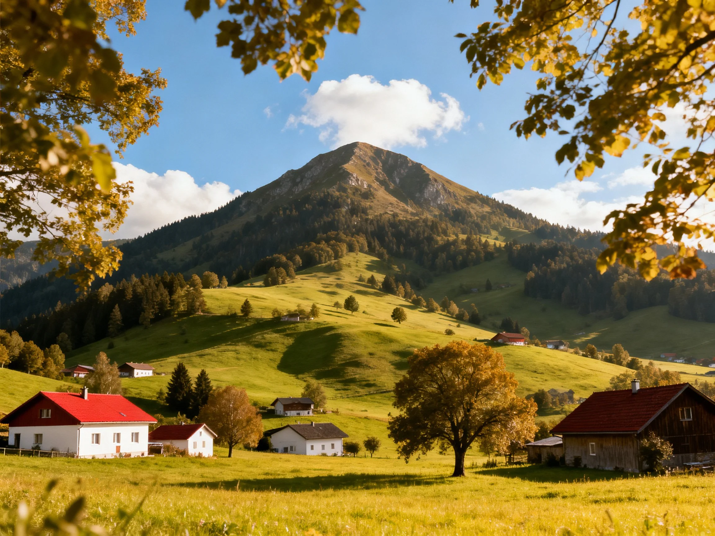 Serene rural landscape with rolling green hills and red-roofed homes