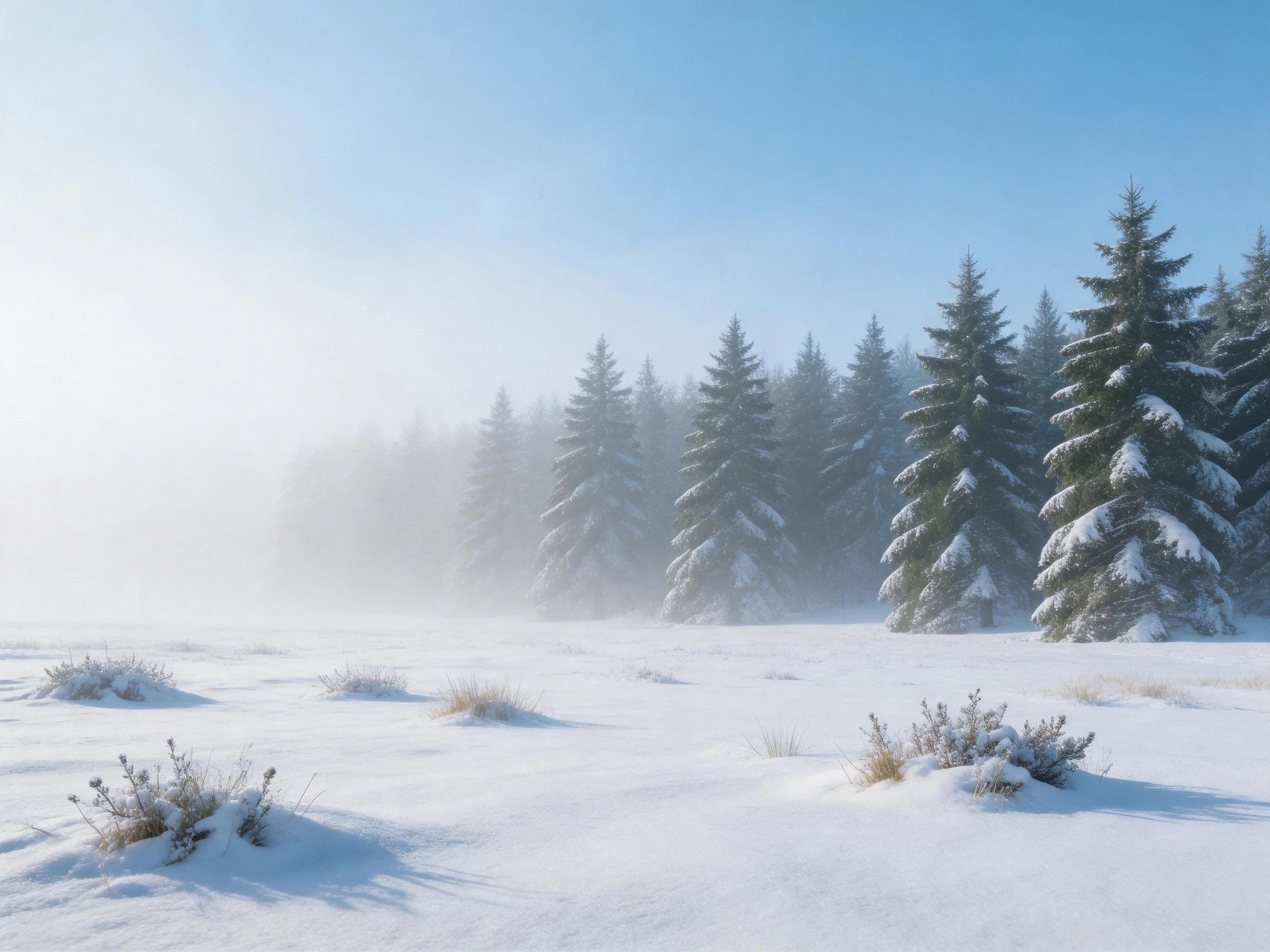 Serene snowy field with snow-draped evergreens and misty backdrop