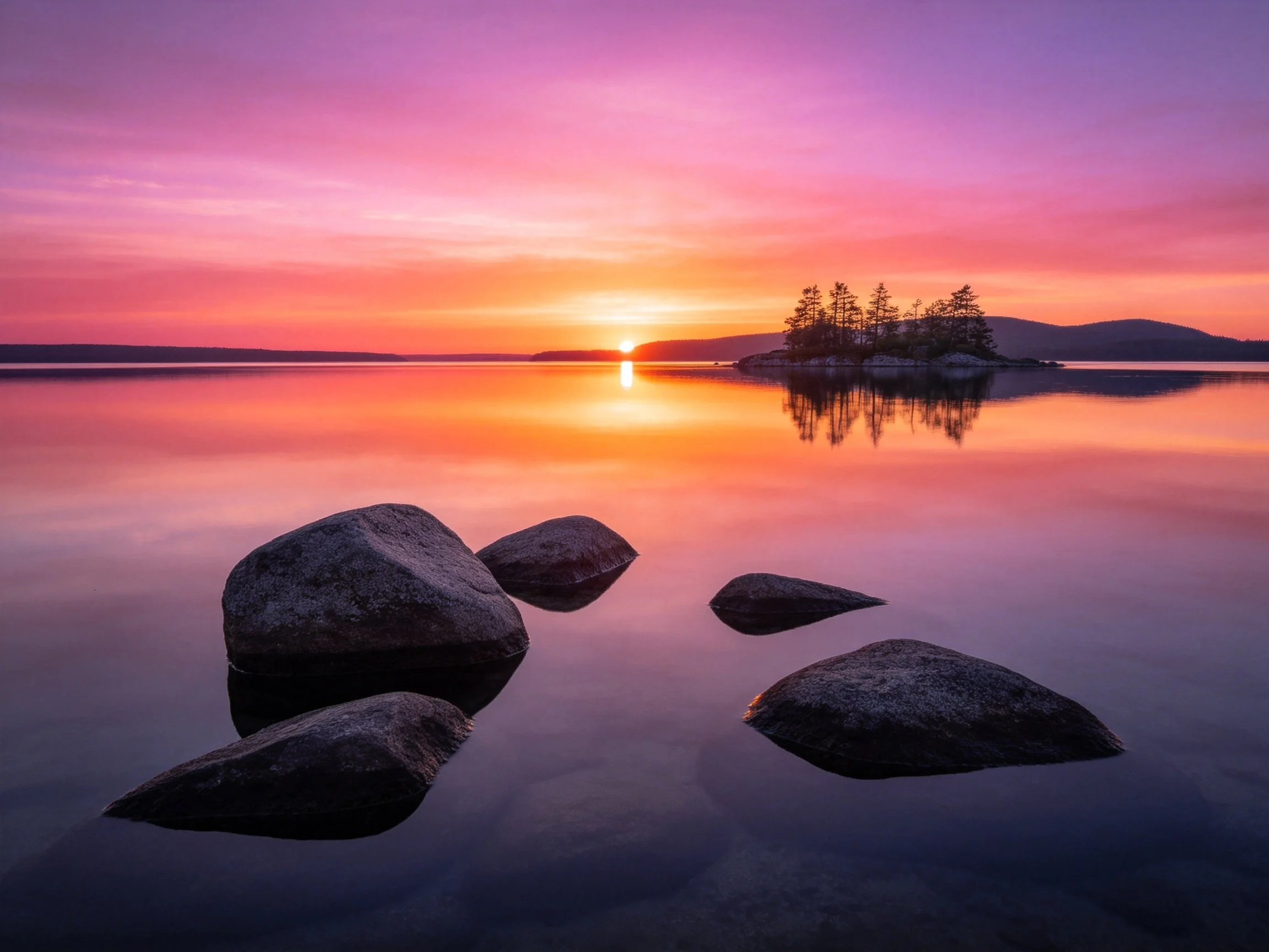 Serene sunset over calm lake with rocky shore and tree island