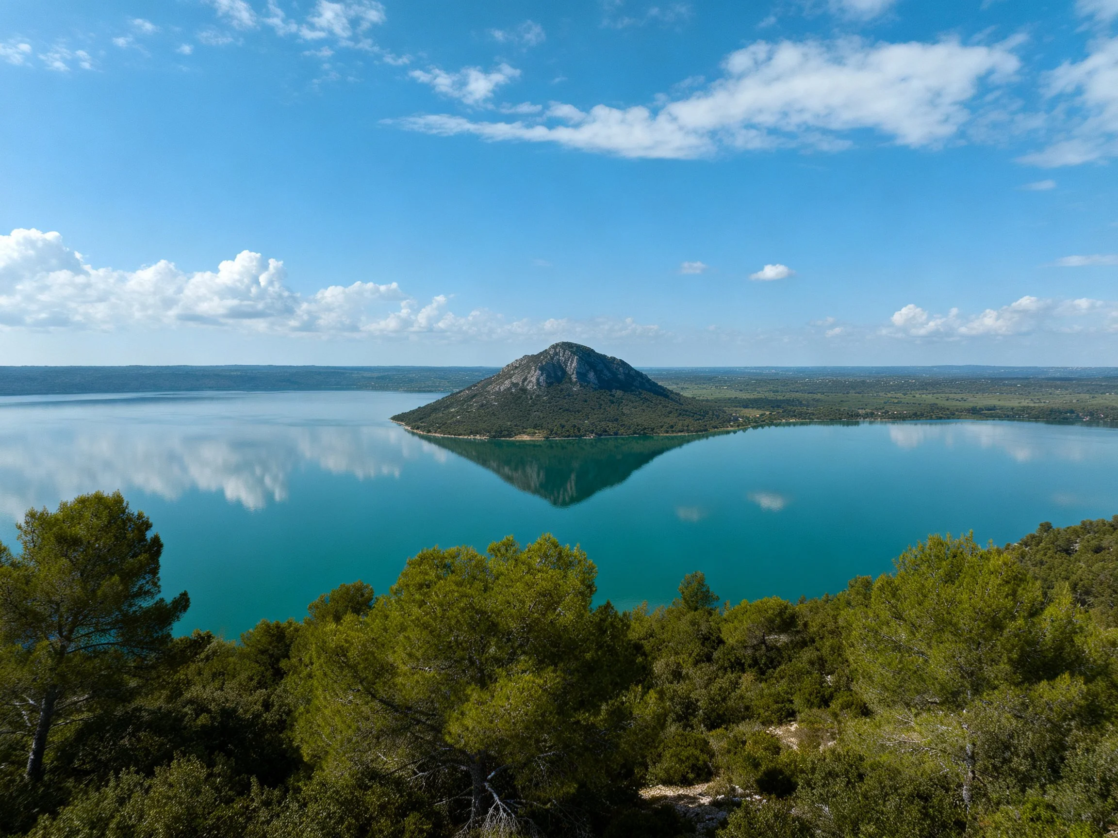 Serene turquoise lake with central rocky island, lush greenery, and bright blue sky