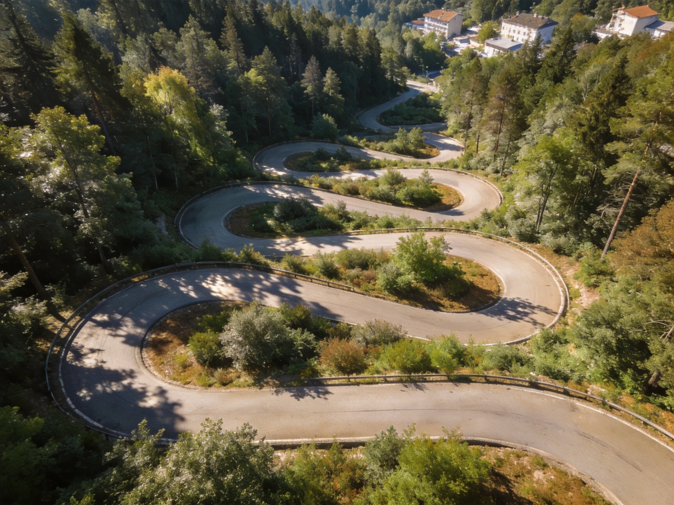 Serpentine mountain road winds through lush green forests near white buildings
