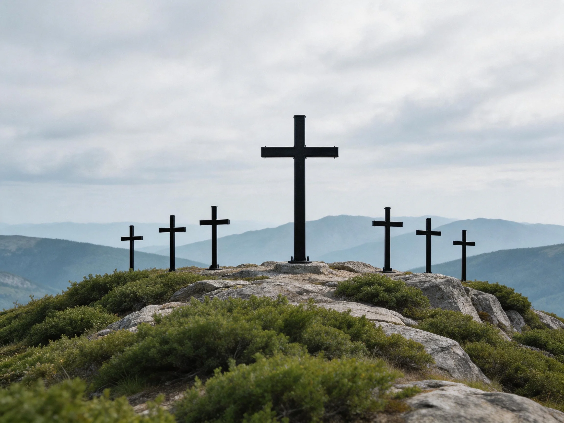 Seven black crosses arranged on a rocky hilltop with mountainous backdrop