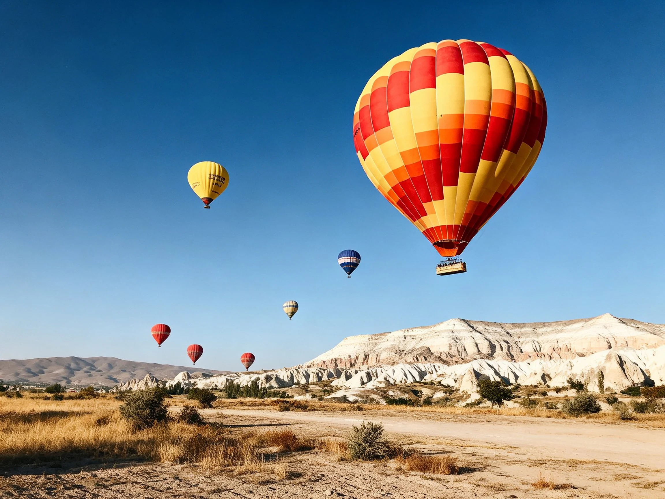 Seven colorful hot air balloons float above unique white rock formations