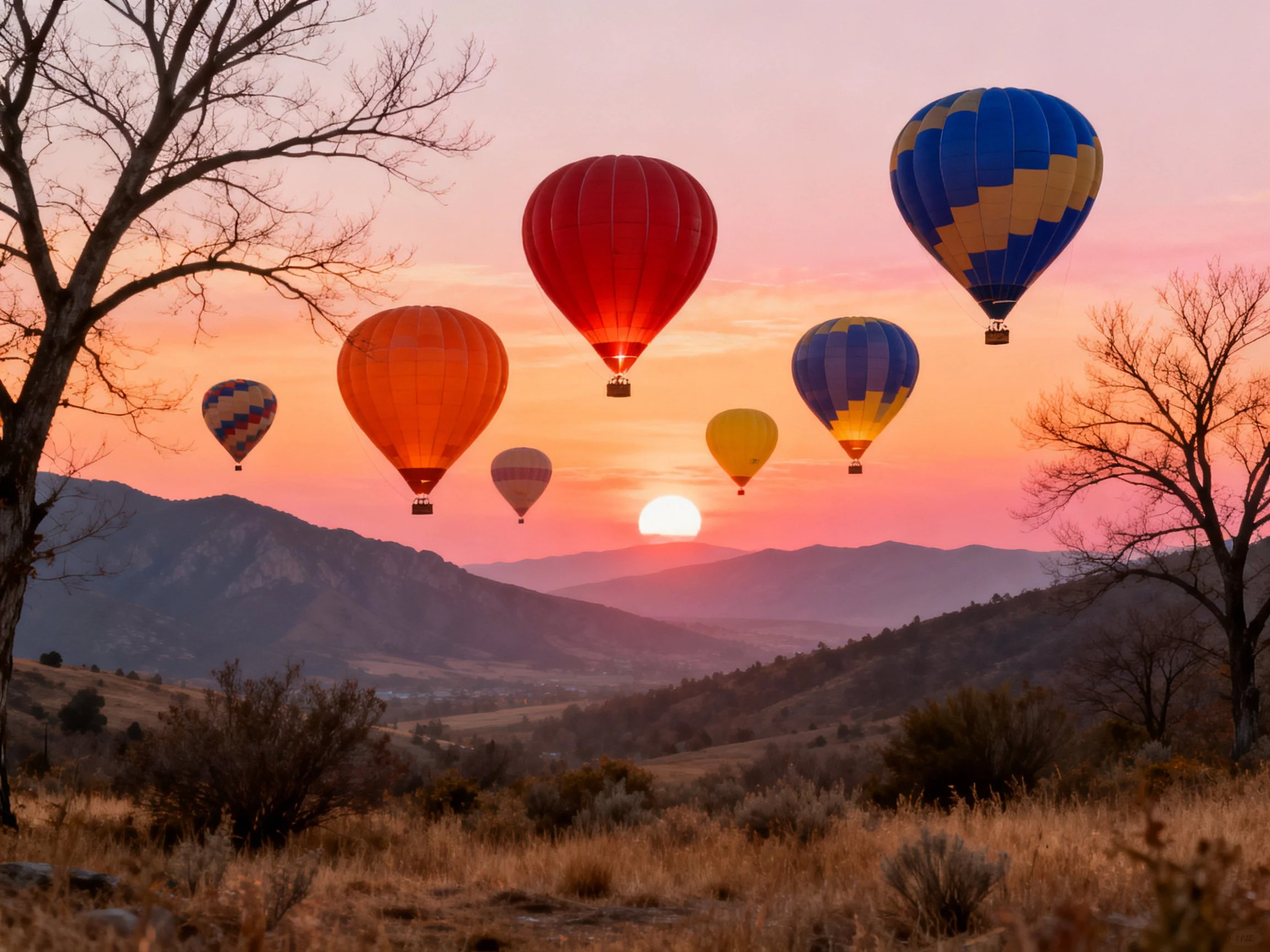 Seven colorful hot air balloons float over mountainous landscape at sunrise