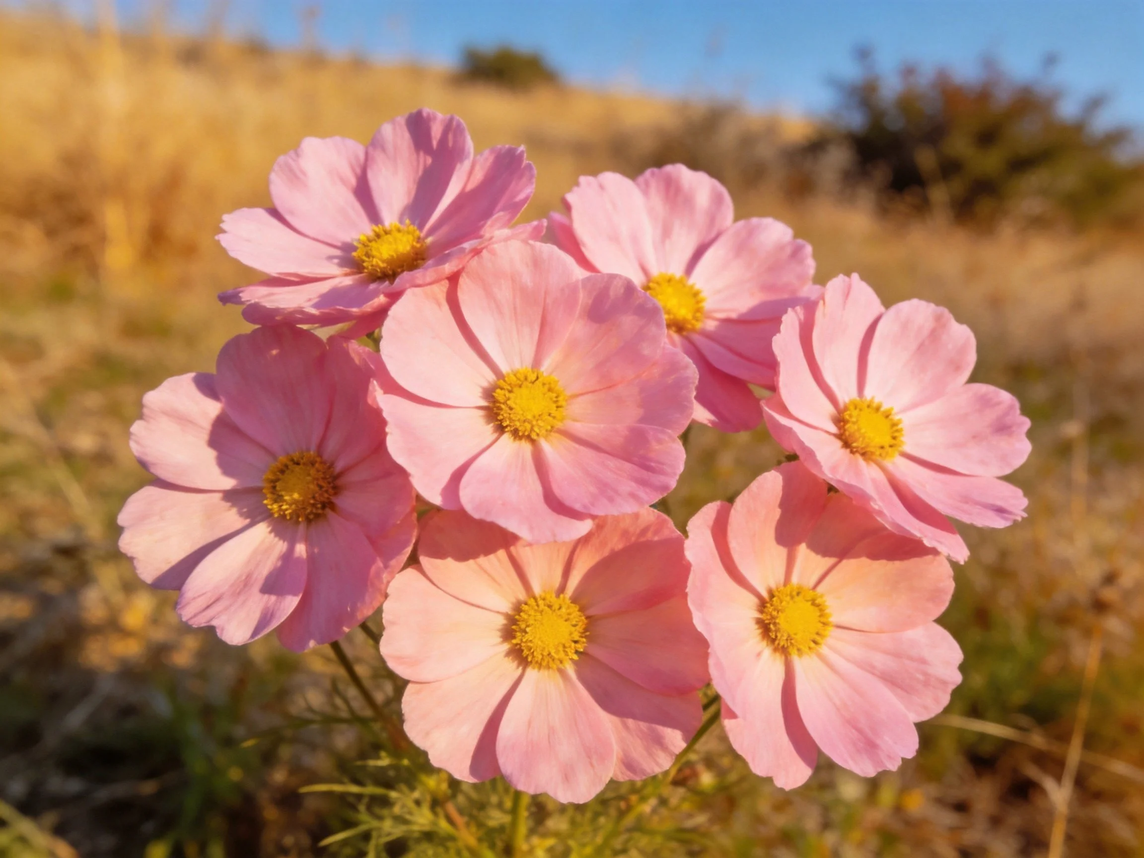 Seven pink cosmos flowers with yellow centers in a natural landscape