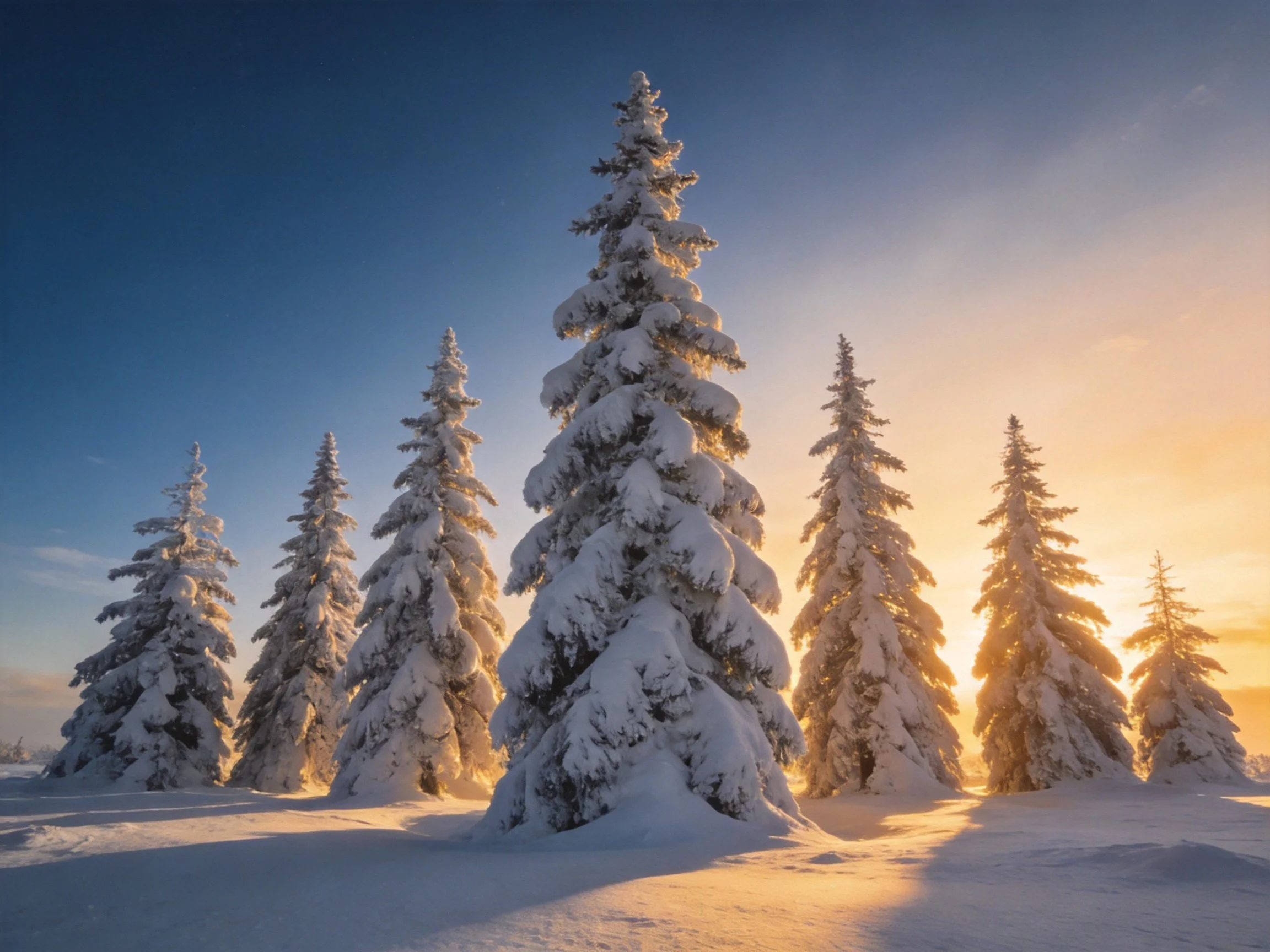 Seven snow-covered evergreen trees bathed in golden sunlight