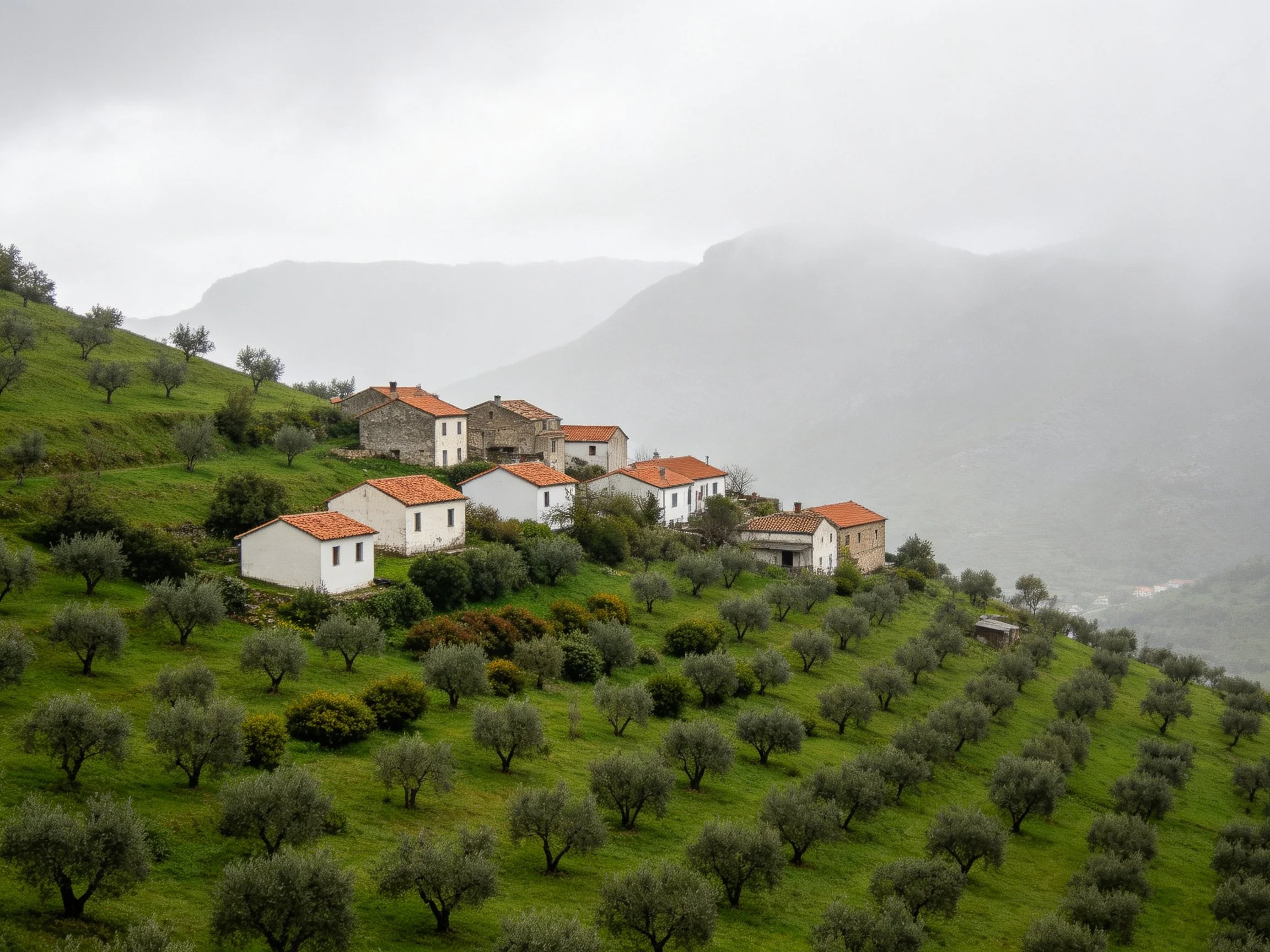 Seven white houses with red roofs nestled among olive groves on misty mountain slopes