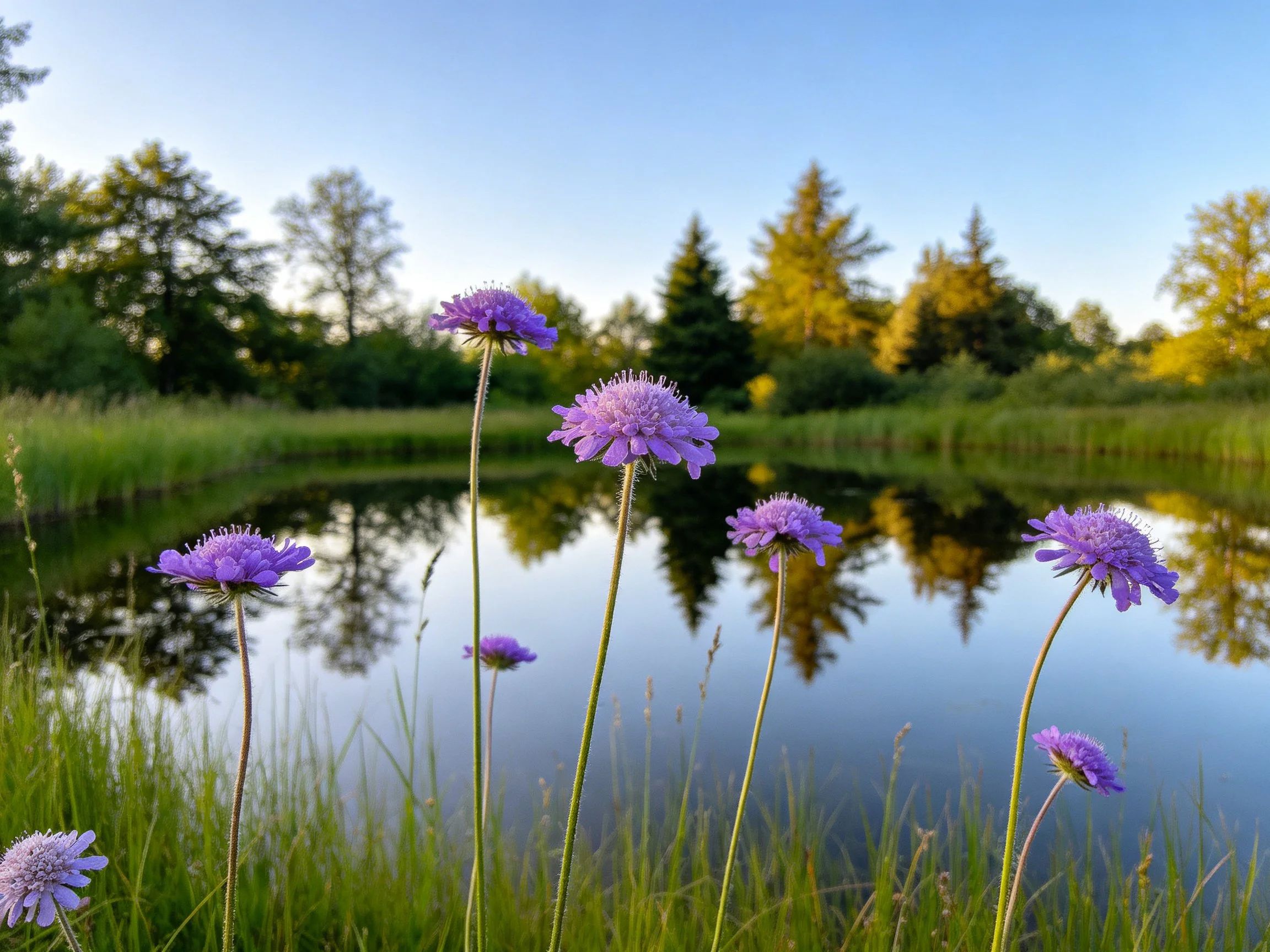Several purple wildflowers bloom by a reflective pond surrounded by trees