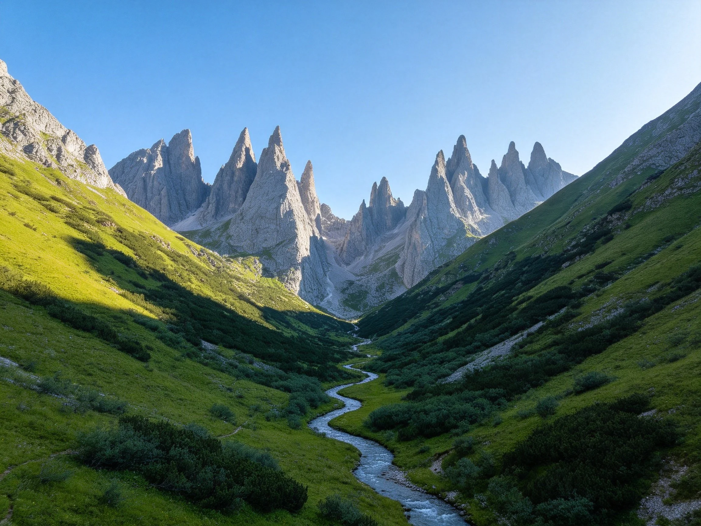 Sharp gray mountain peaks tower over lush green valleys with a winding stream